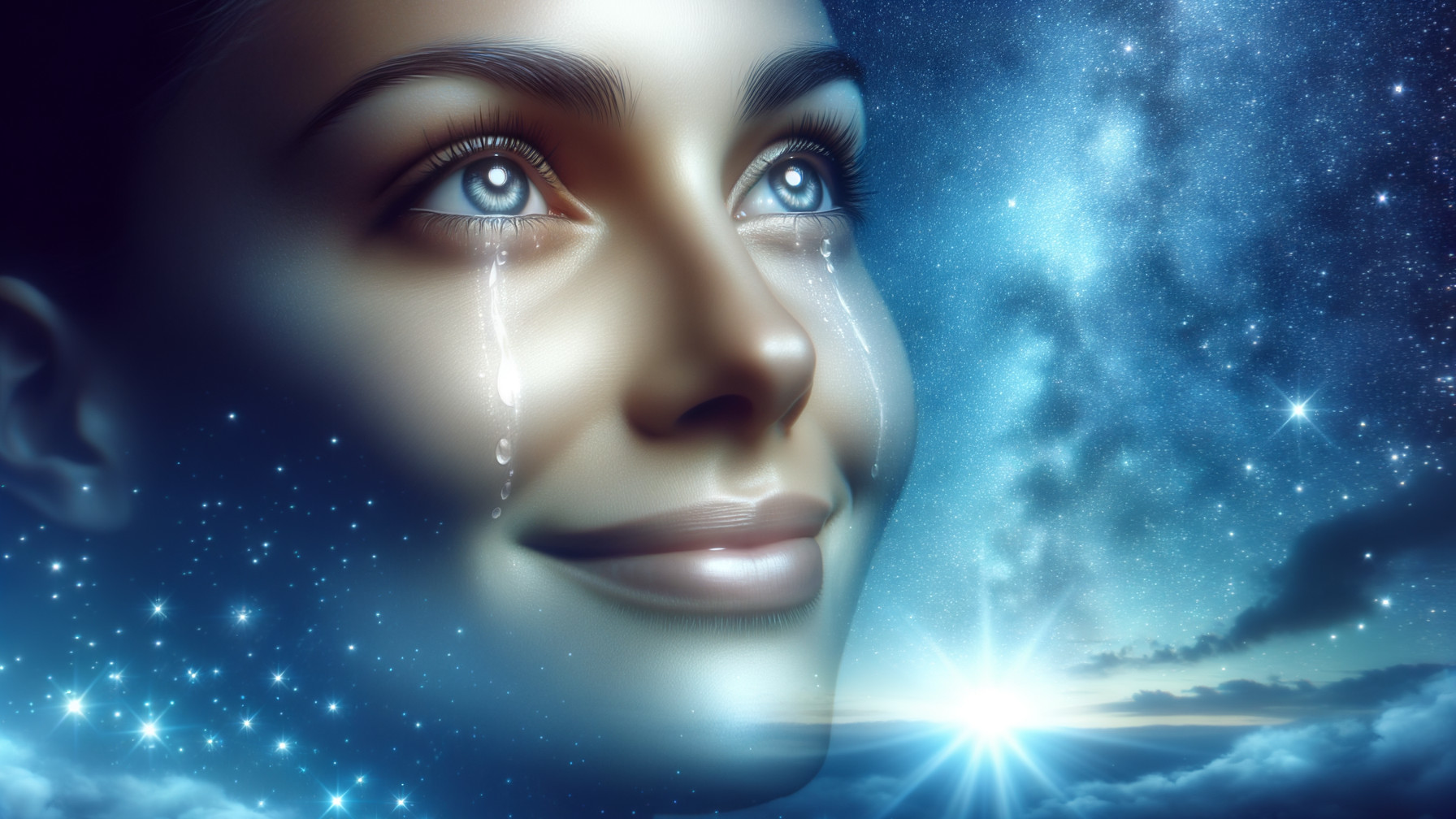 Close-Up of Woman's Face at Dawn with Starry Sky