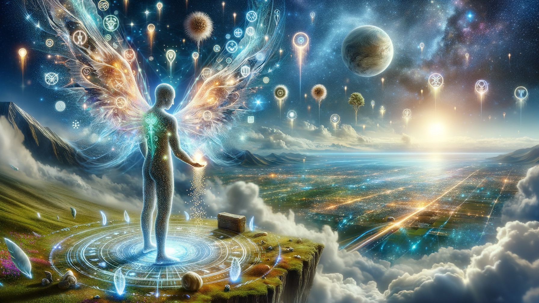 Ethereal Figure with Wings Overlooking Cosmic City