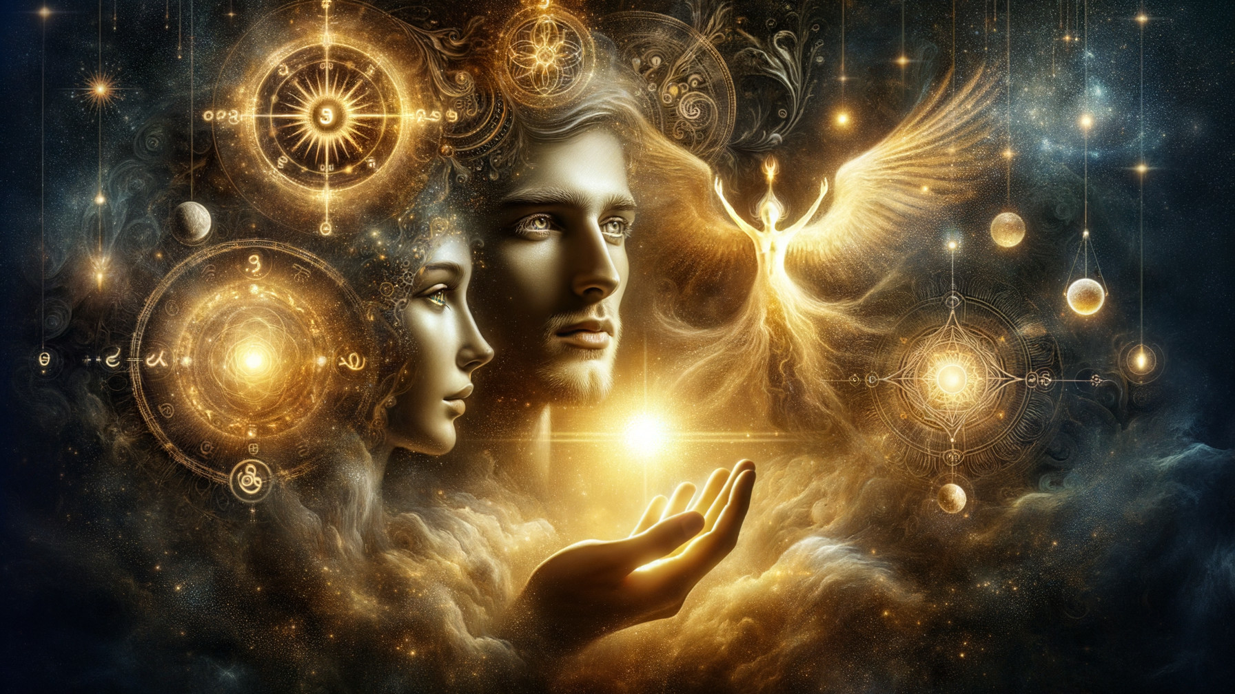 Cosmic Scene with Merged Faces and Mystical Symbols