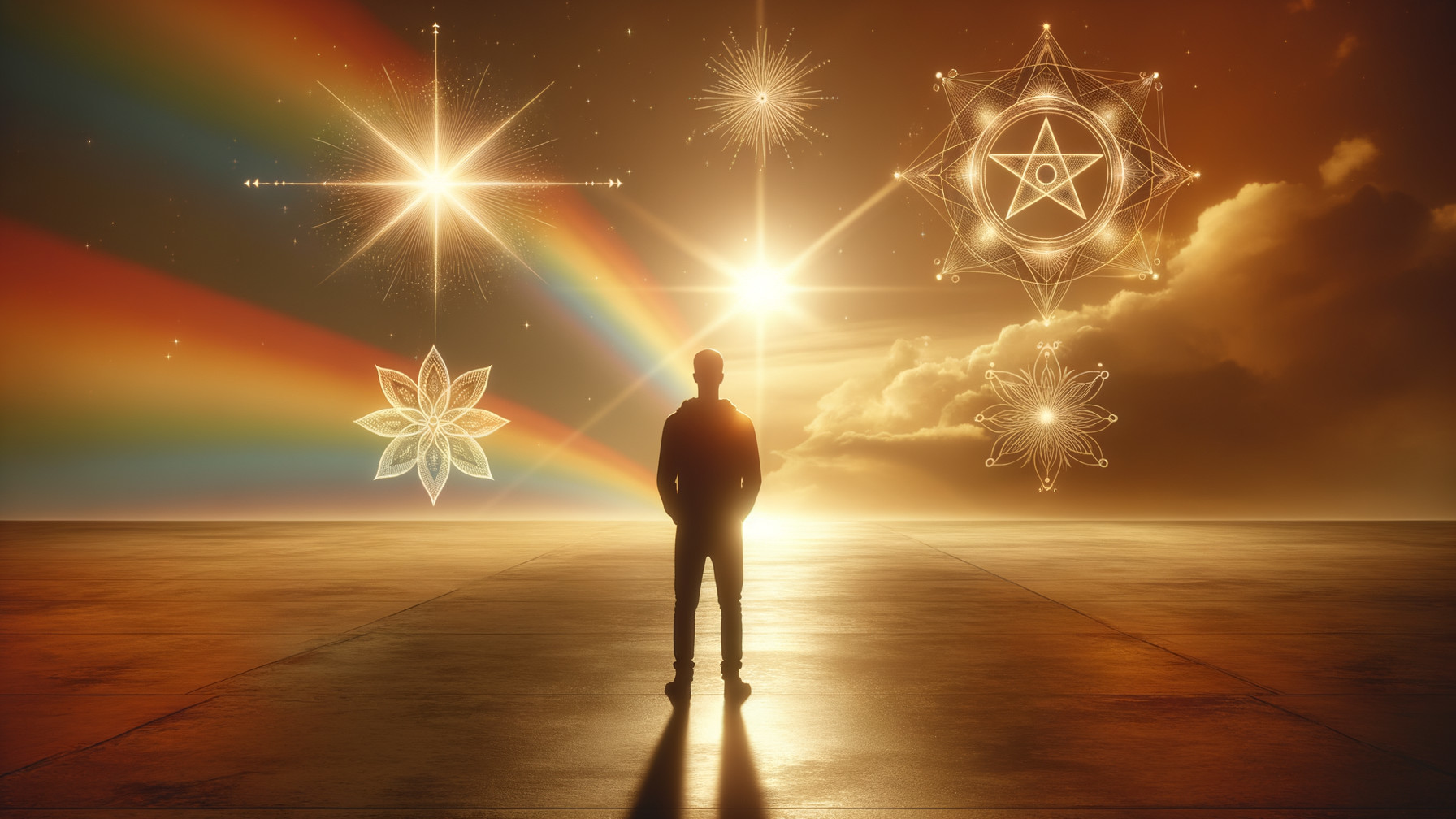 Silhouetted Figure in Ethereal Sunset Landscape