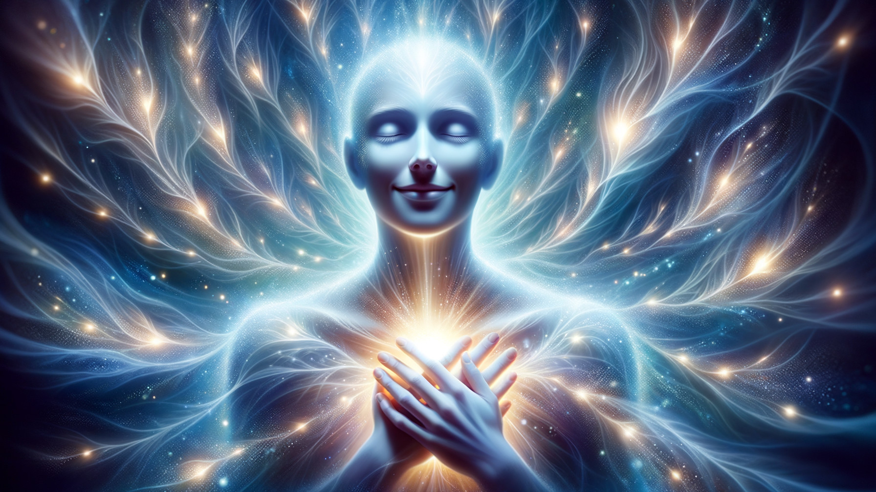 Serene figure with glowing aura and ethereal light patterns