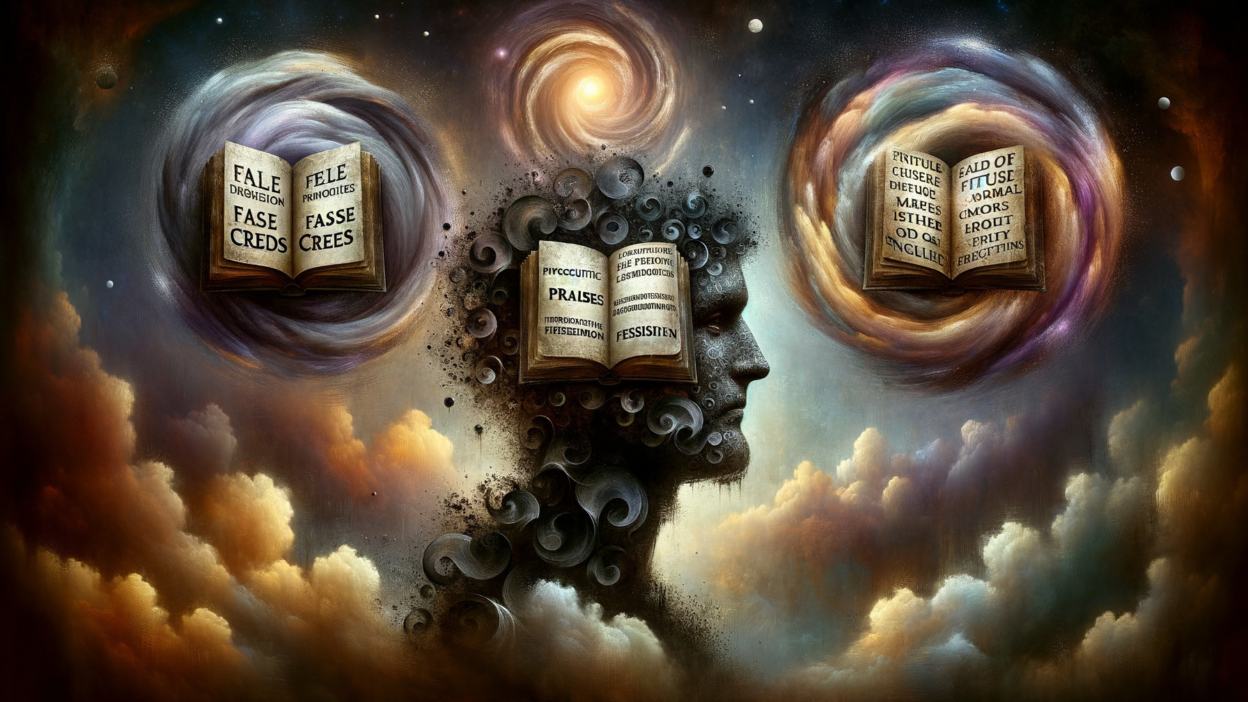 Surreal Head Profile with Cosmic and Book Elements