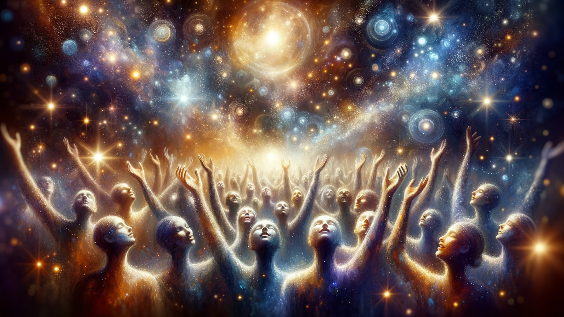 Cosmic Scene with Ethereal Figures and Shimmering Galaxy