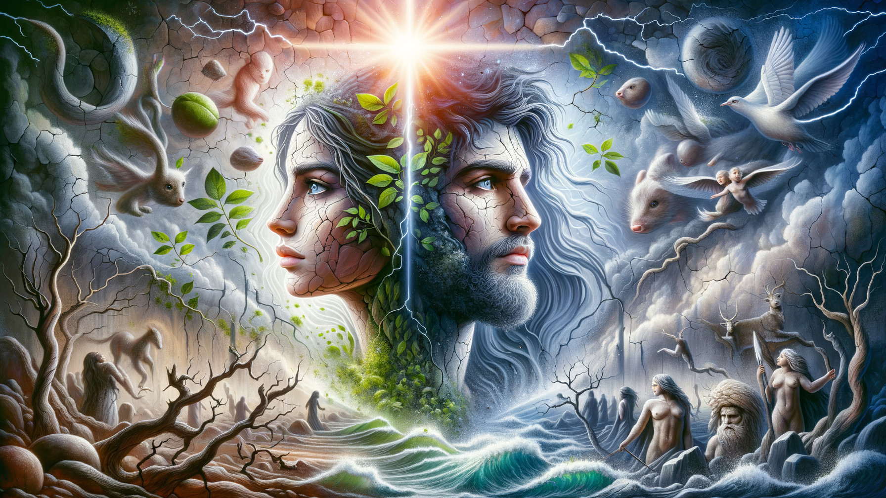 Dual Portrait of Man and Woman with Nature Elements