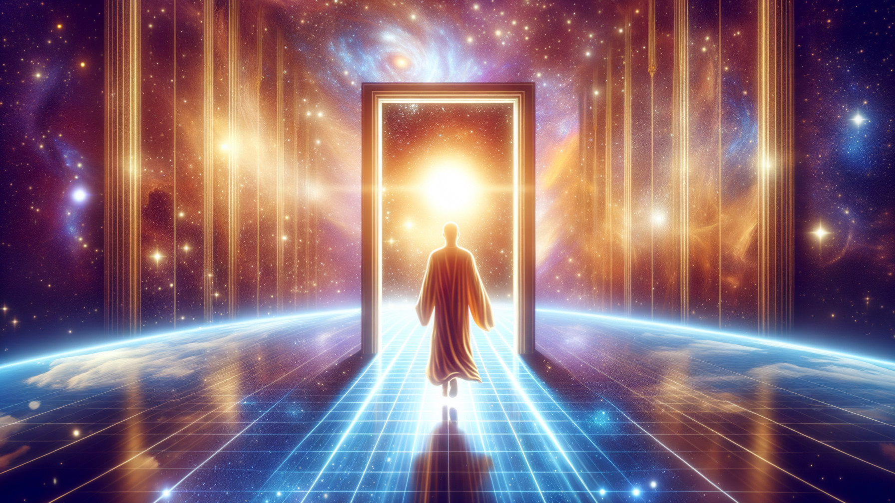 Cosmic Vista with Figure and Glowing Doorway