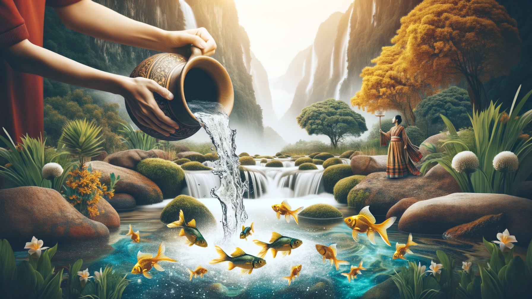 Serene Landscape with Vibrant Pond and Waterfall
