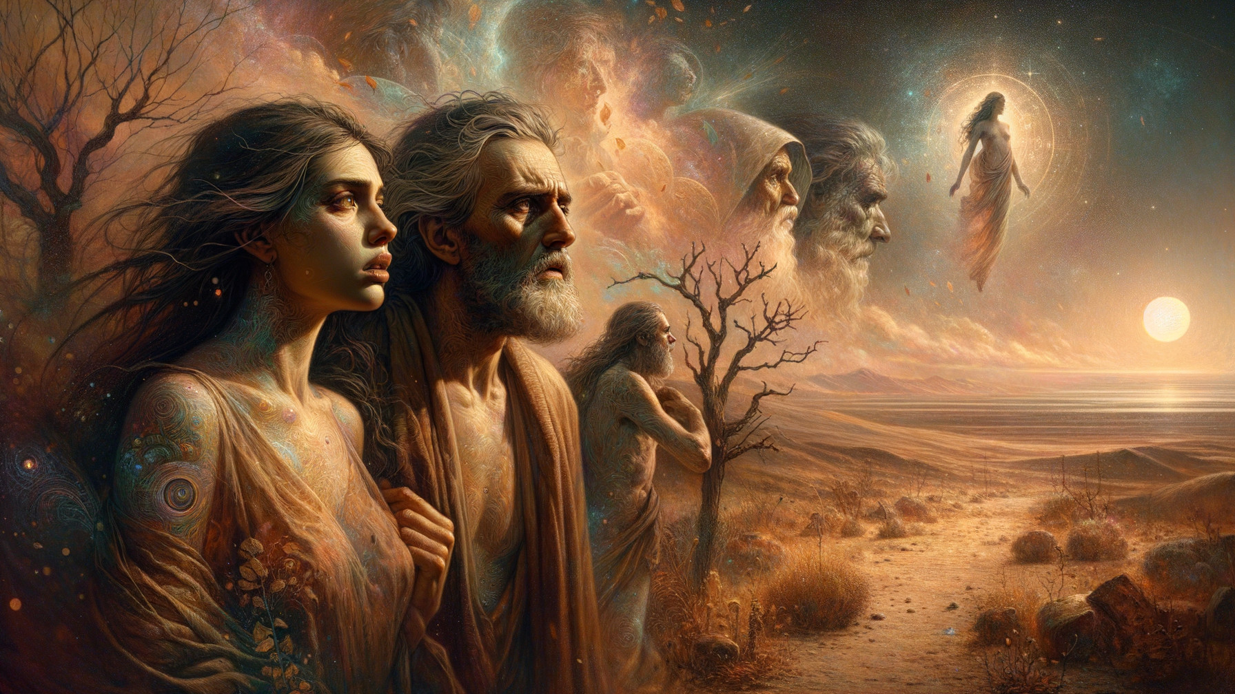 Surreal Landscape with Figures and Contemplative Emotions