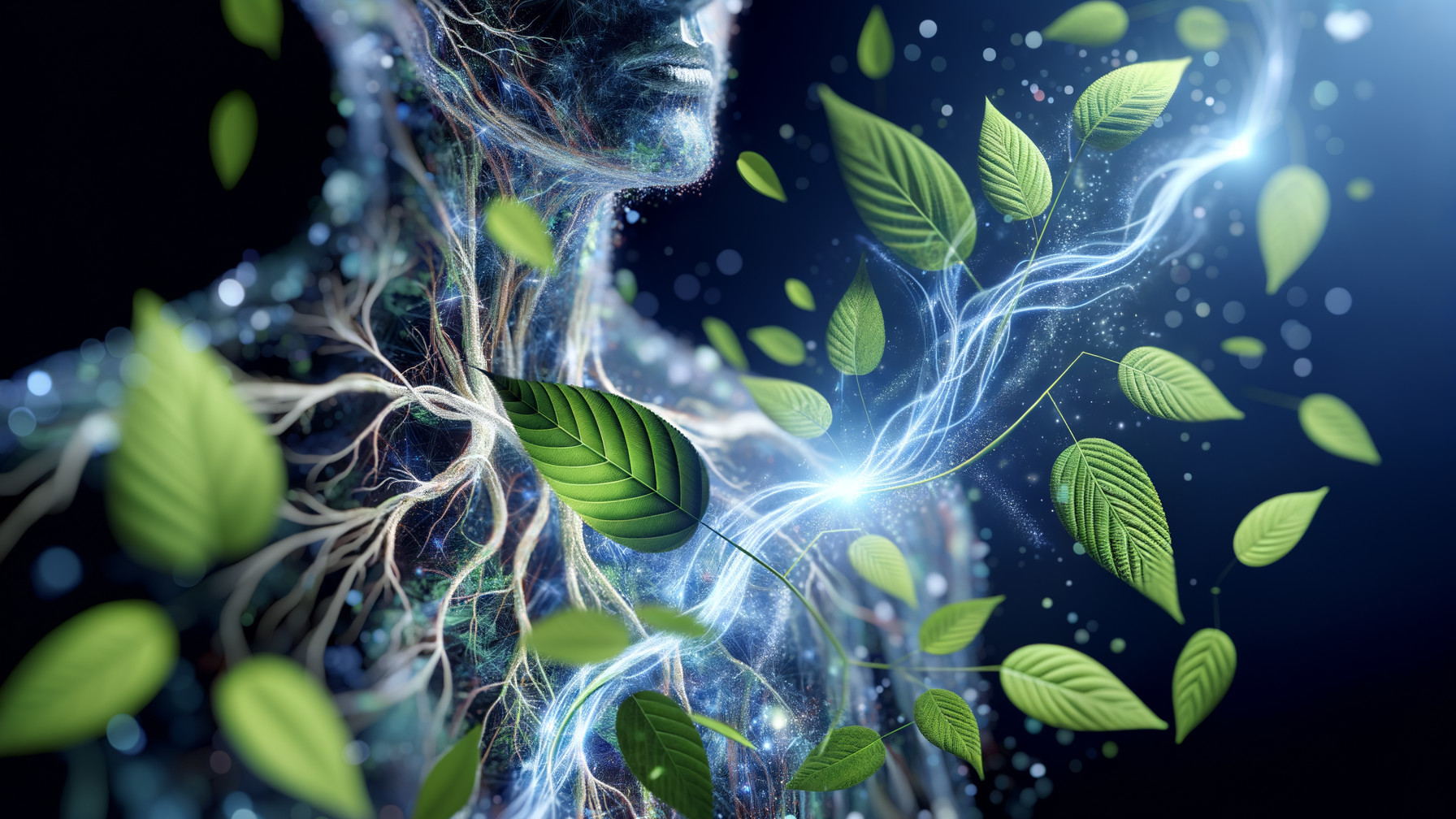 Stylized Human Figure with Nature Elements and Patterns