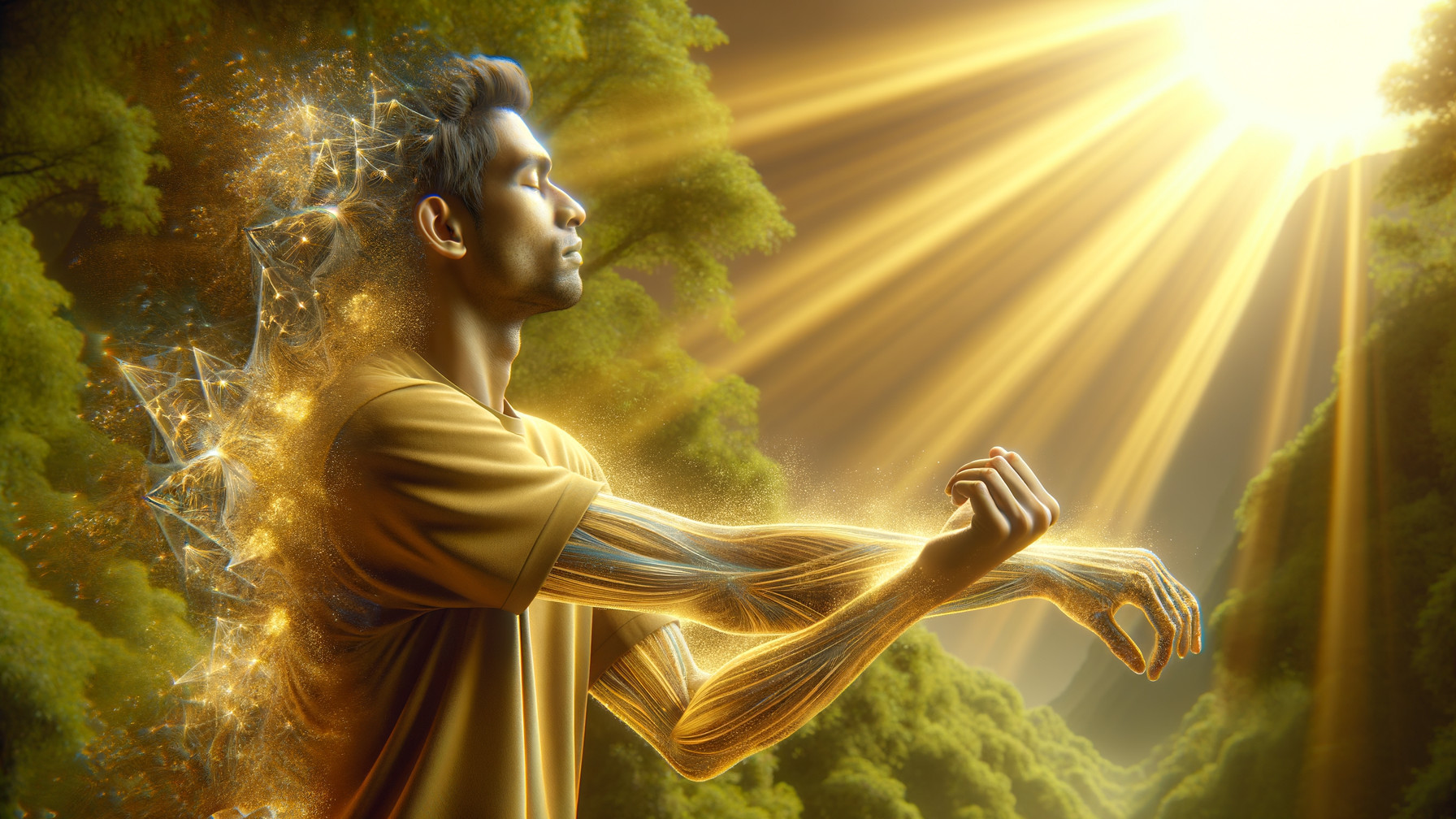 Meditative Figure in Sunlit Forest with Glowing Aura