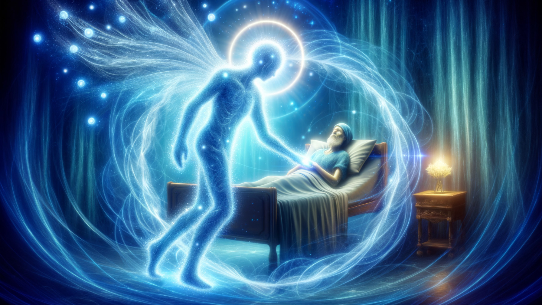 Luminous Figure with Wings in Mystical Bedroom Scene
