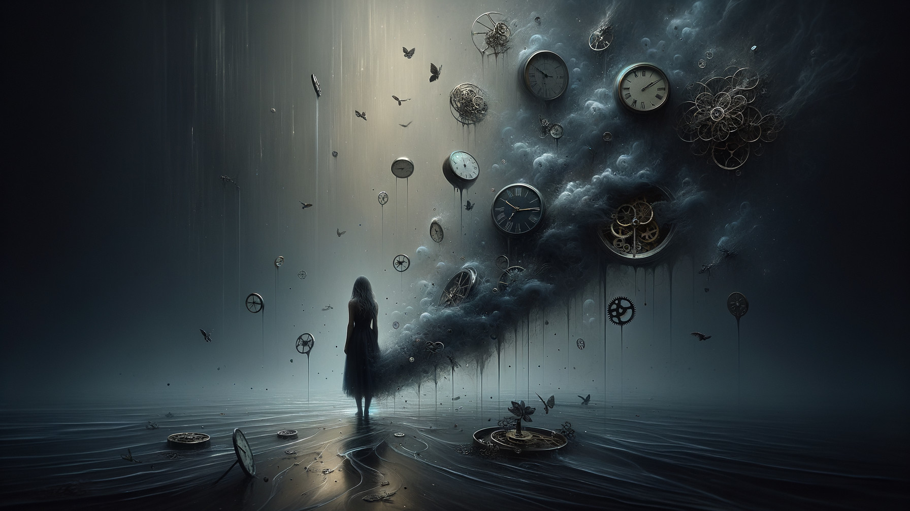 Solitary Figure in a Surreal Dark Landscape