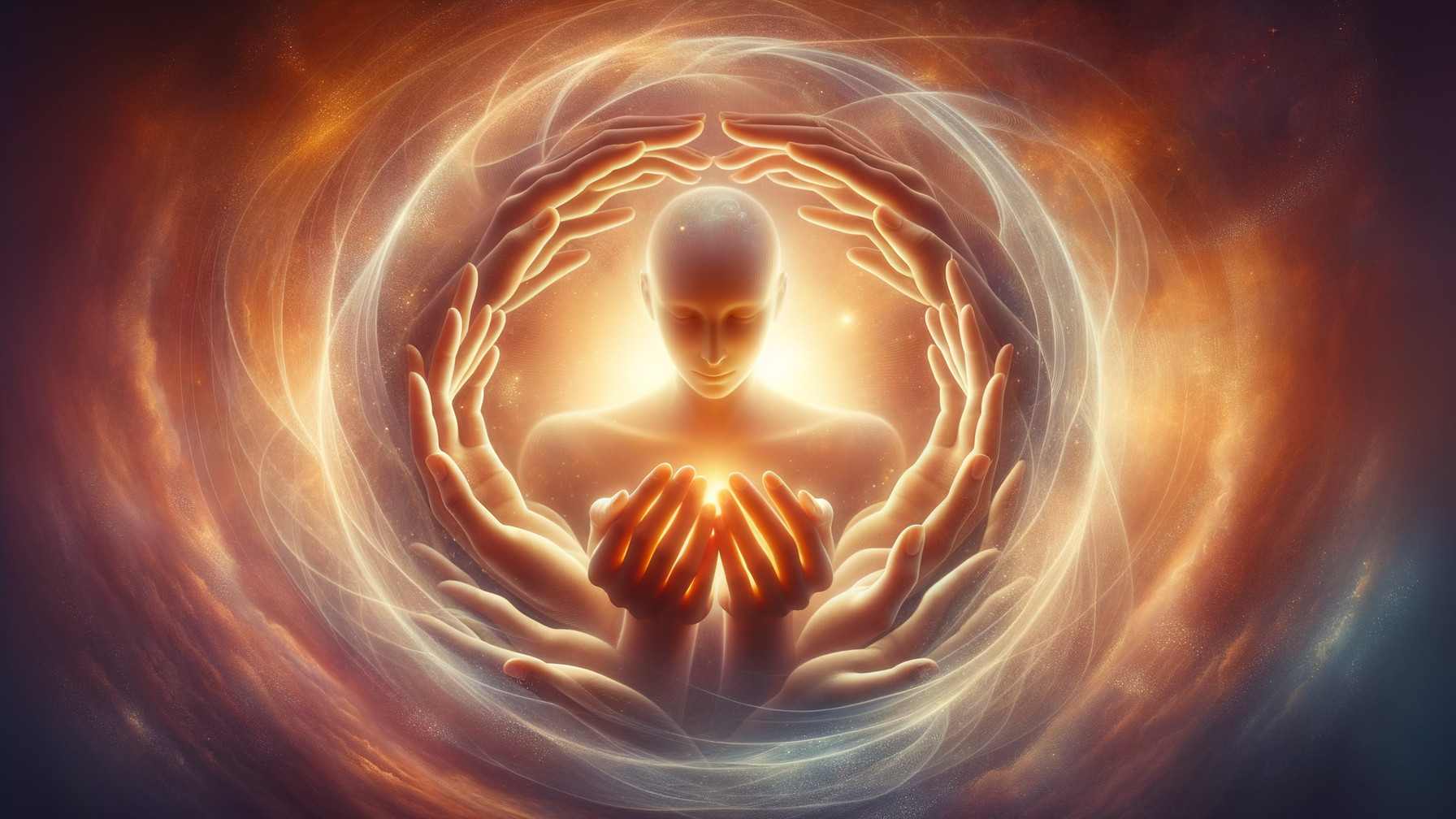 Serene Figure in Cosmic Swirl with Ethereal Hands