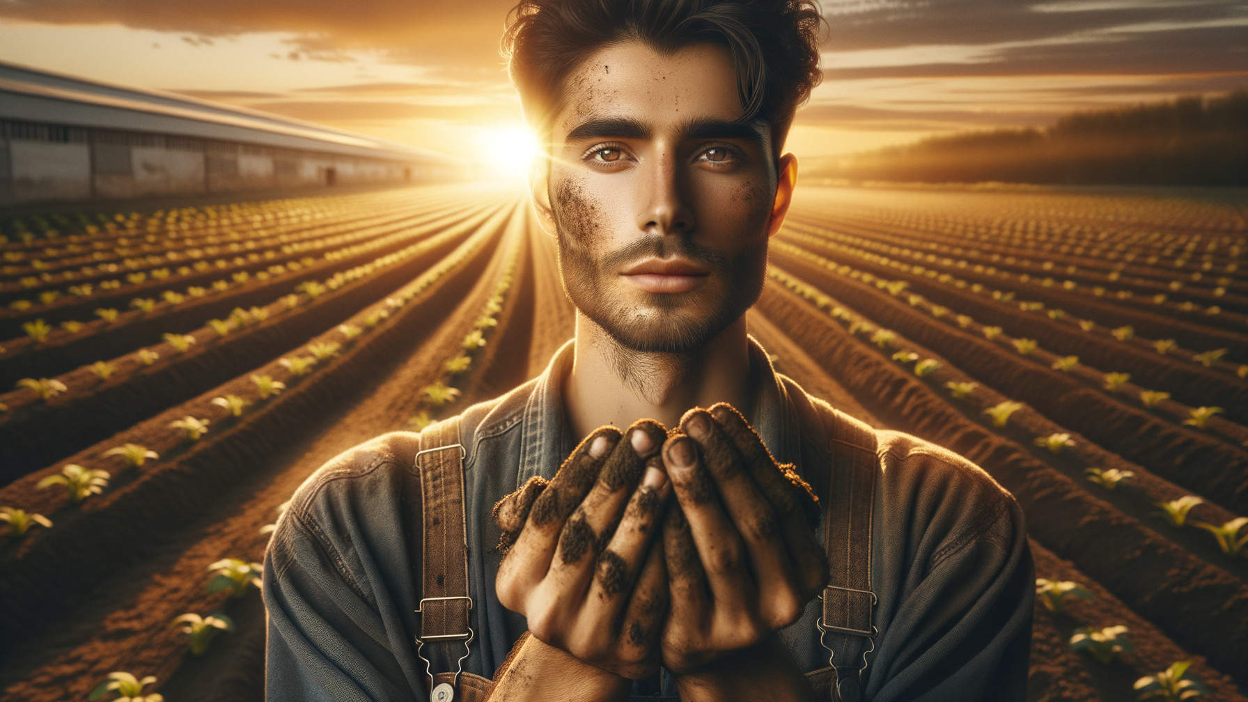 Young man in farm field with fresh crops at sunset