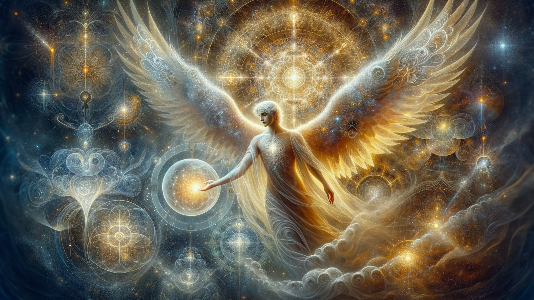 Majestic angel amidst cosmic orbs and geometric patterns