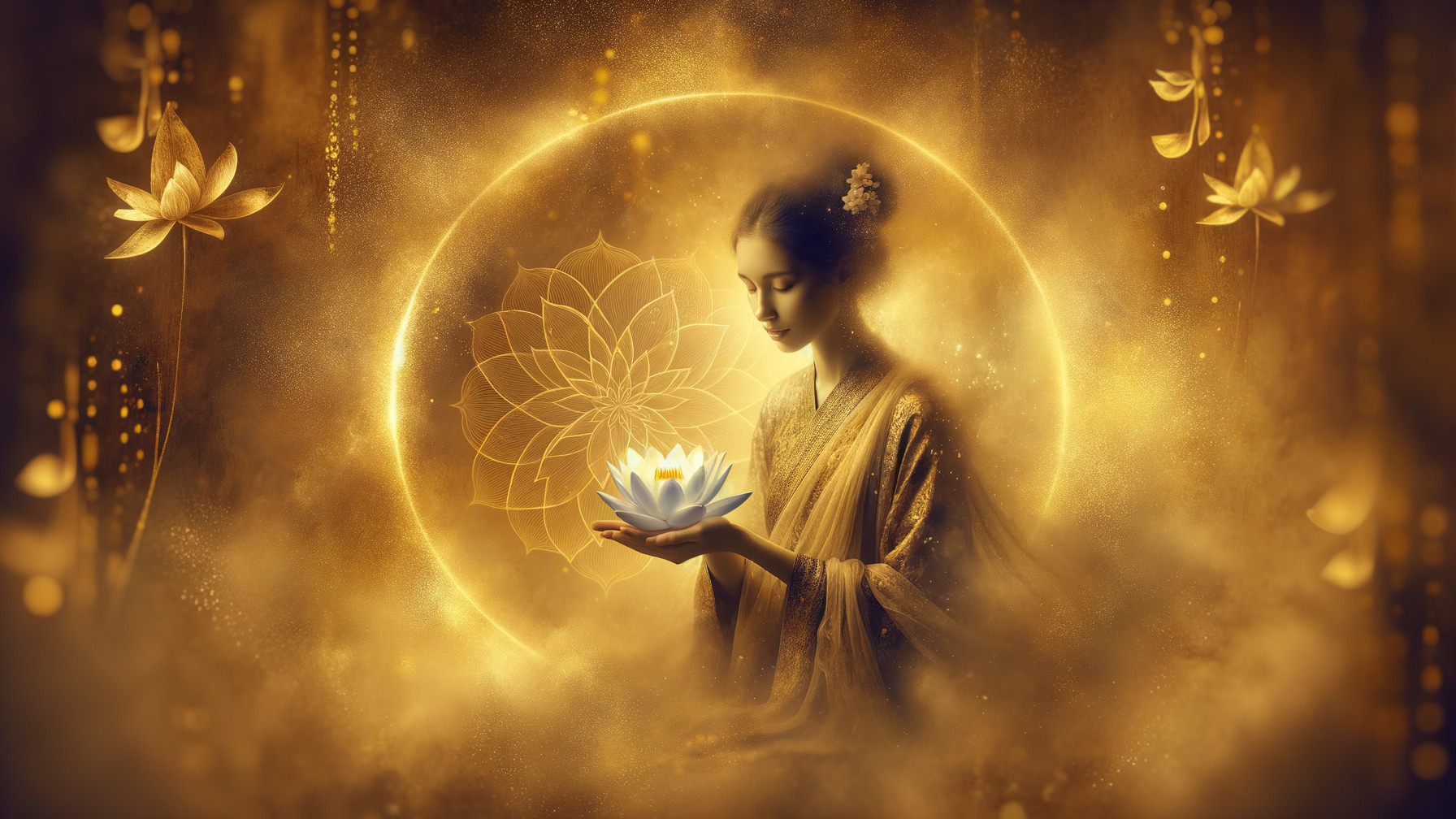 Serene figure with lotus in golden aura and mandala