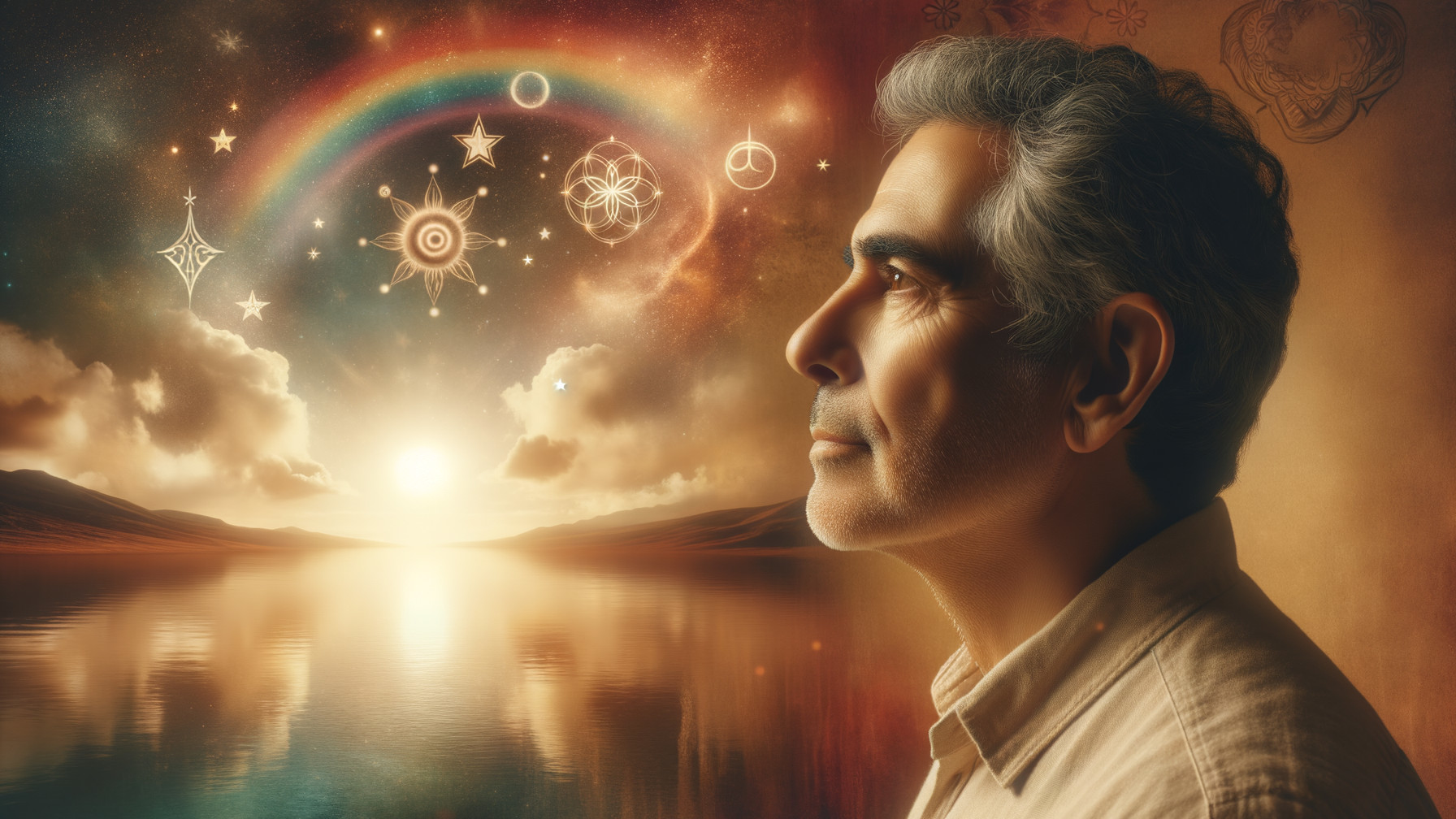 Contemplative Man at Sunrise with Cosmic Imagery
