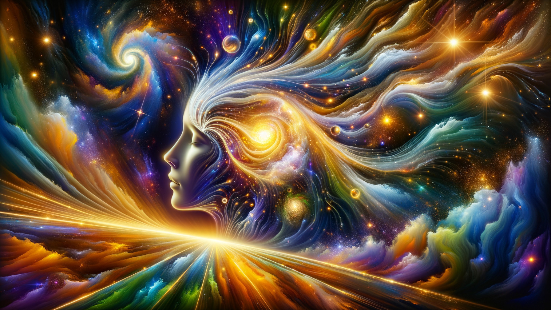 Cosmic Scene with Woman's Profile in Galaxy Colors