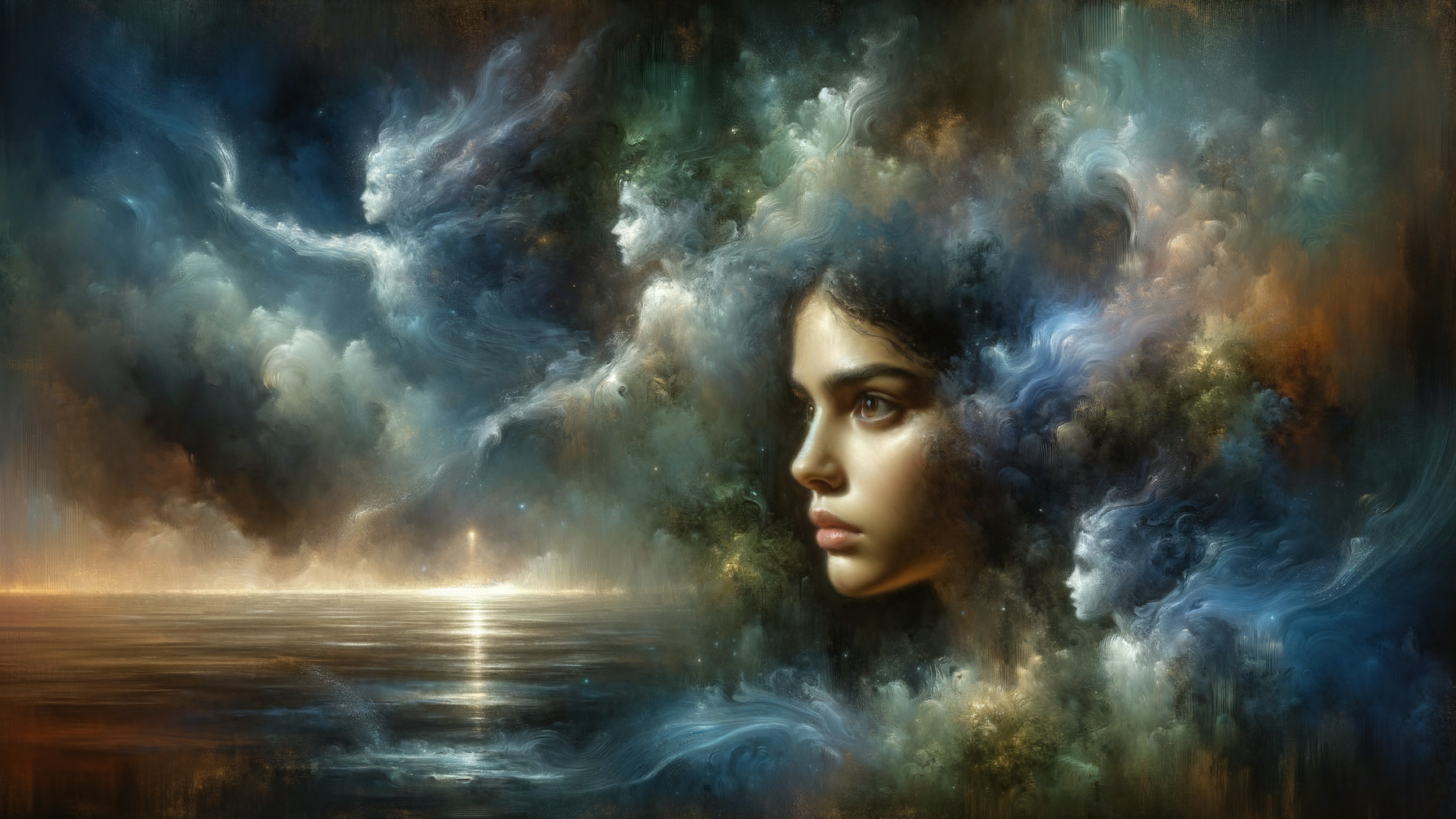 Surreal Female Face Among Ethereal Clouds and Waves
