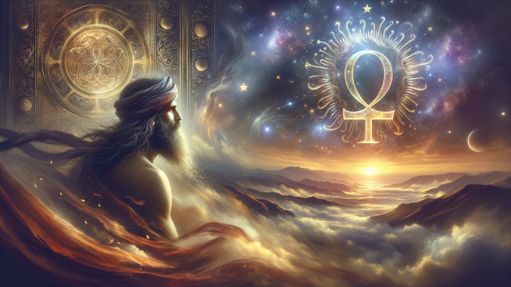 Mystical Landscape with Wise Figure and Cosmic Elements