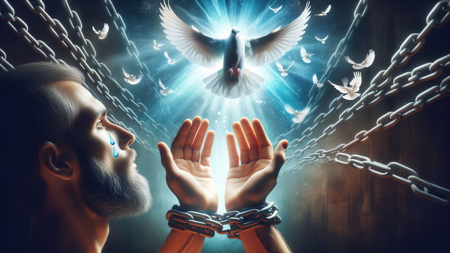 Man in Chains Gazes Upward with Tear and Doves