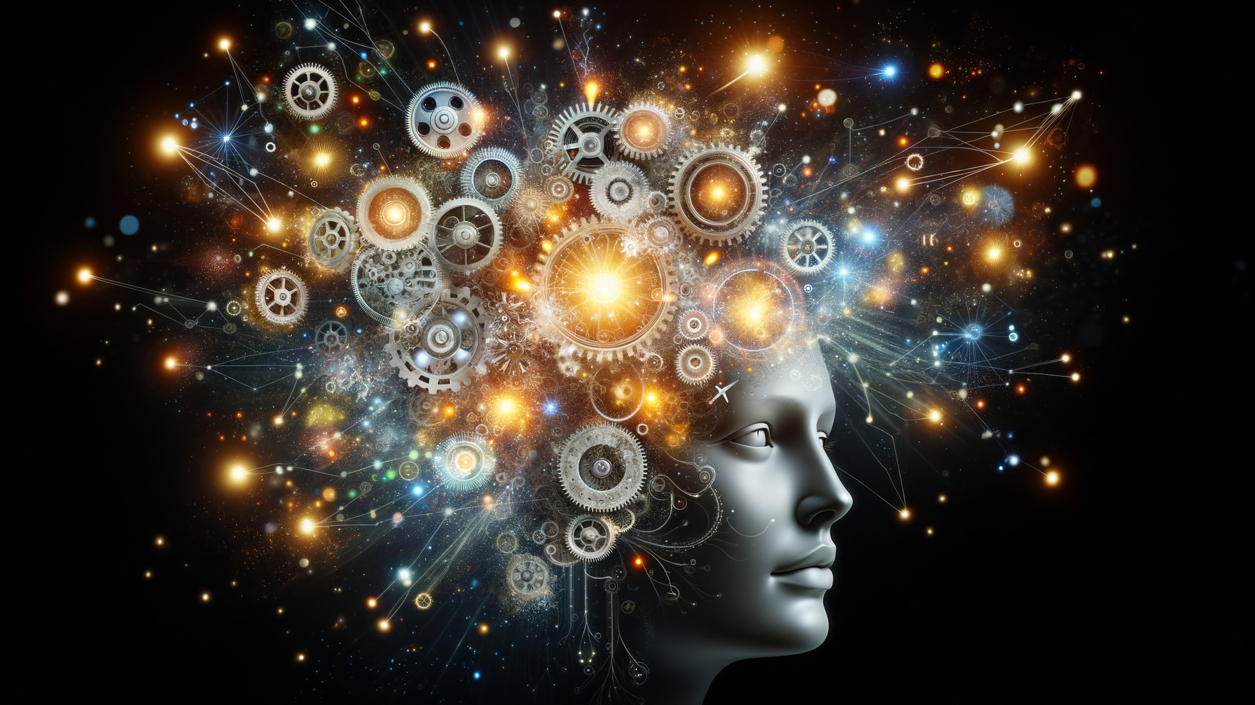 Stylized Human Head with Gears and Cosmic Elements