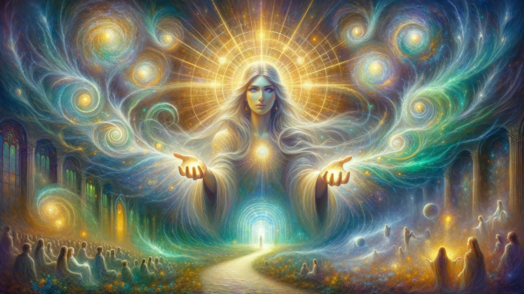Celestial Figure in Cosmic Landscape with Ethereal Light