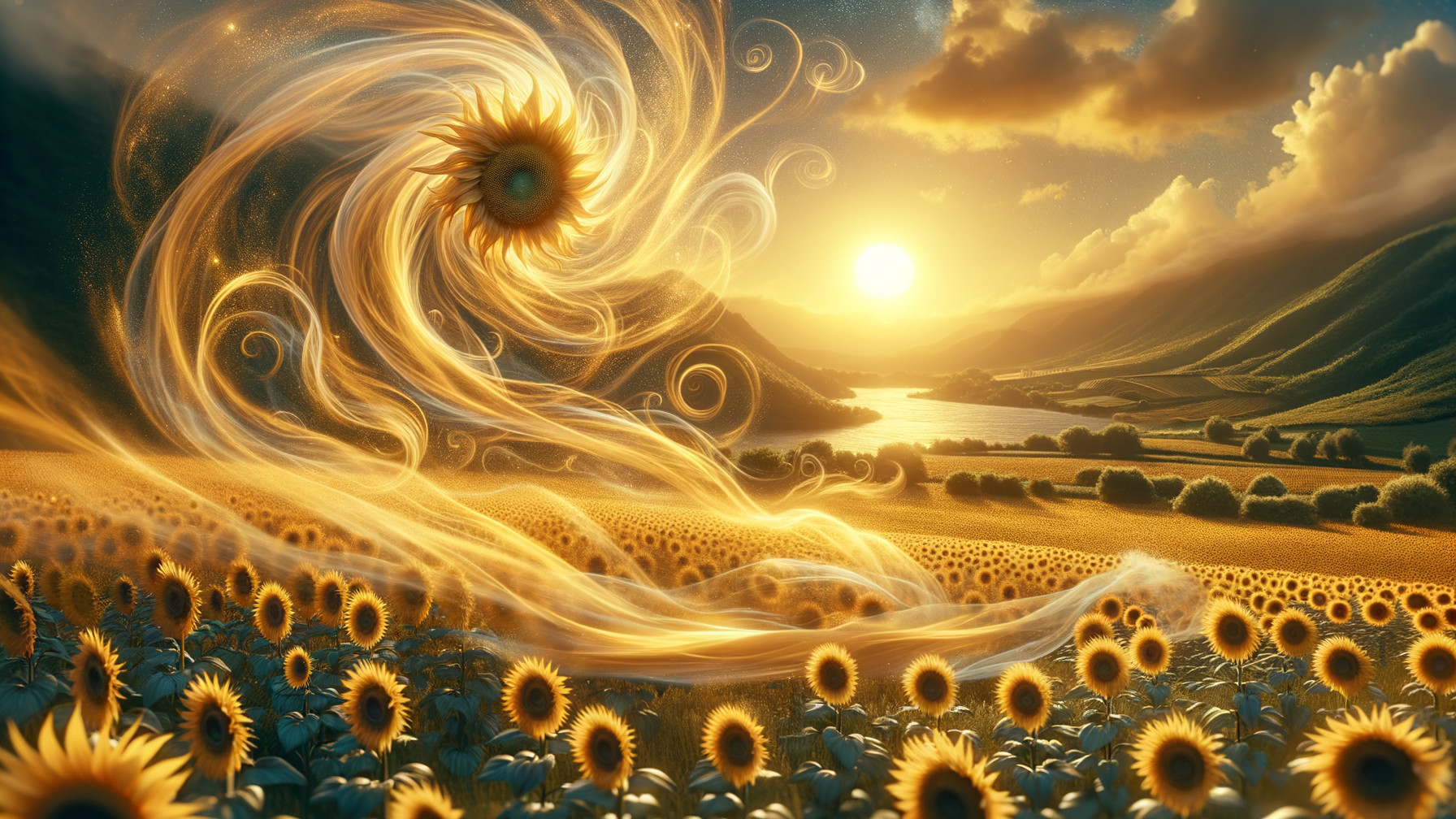 Vast Sunflower Field at Sunset with Ethereal Energy