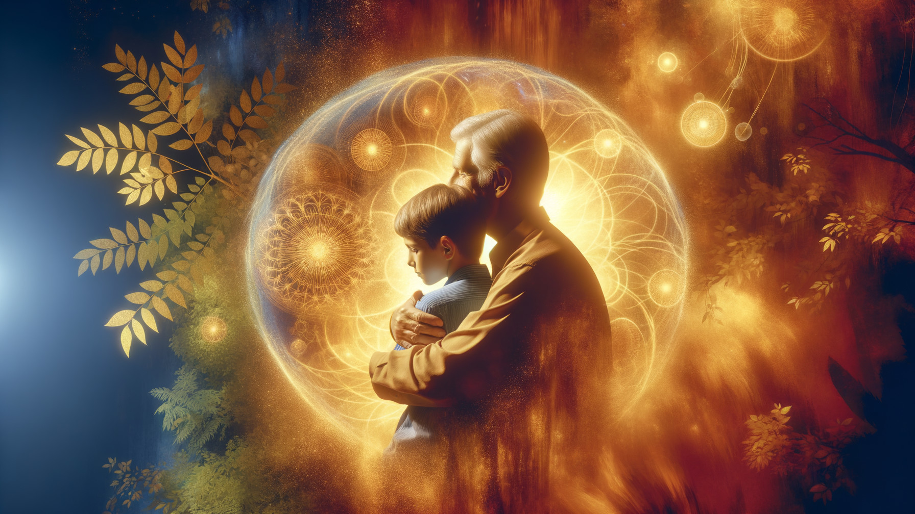 Elderly Man and Boy in Enchanted Colorful Landscape