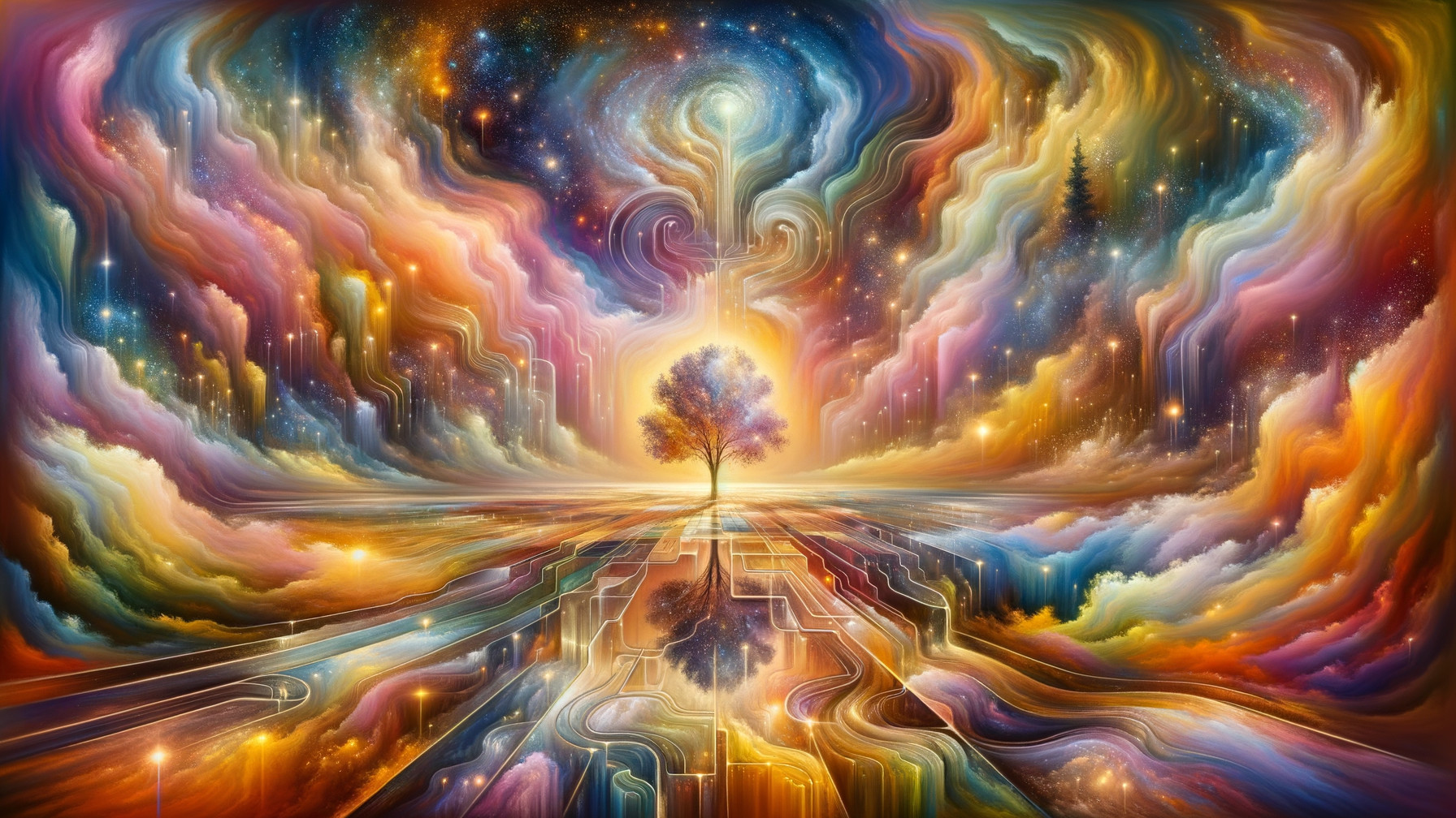 Vibrant Cosmic Landscape with Illuminated Tree