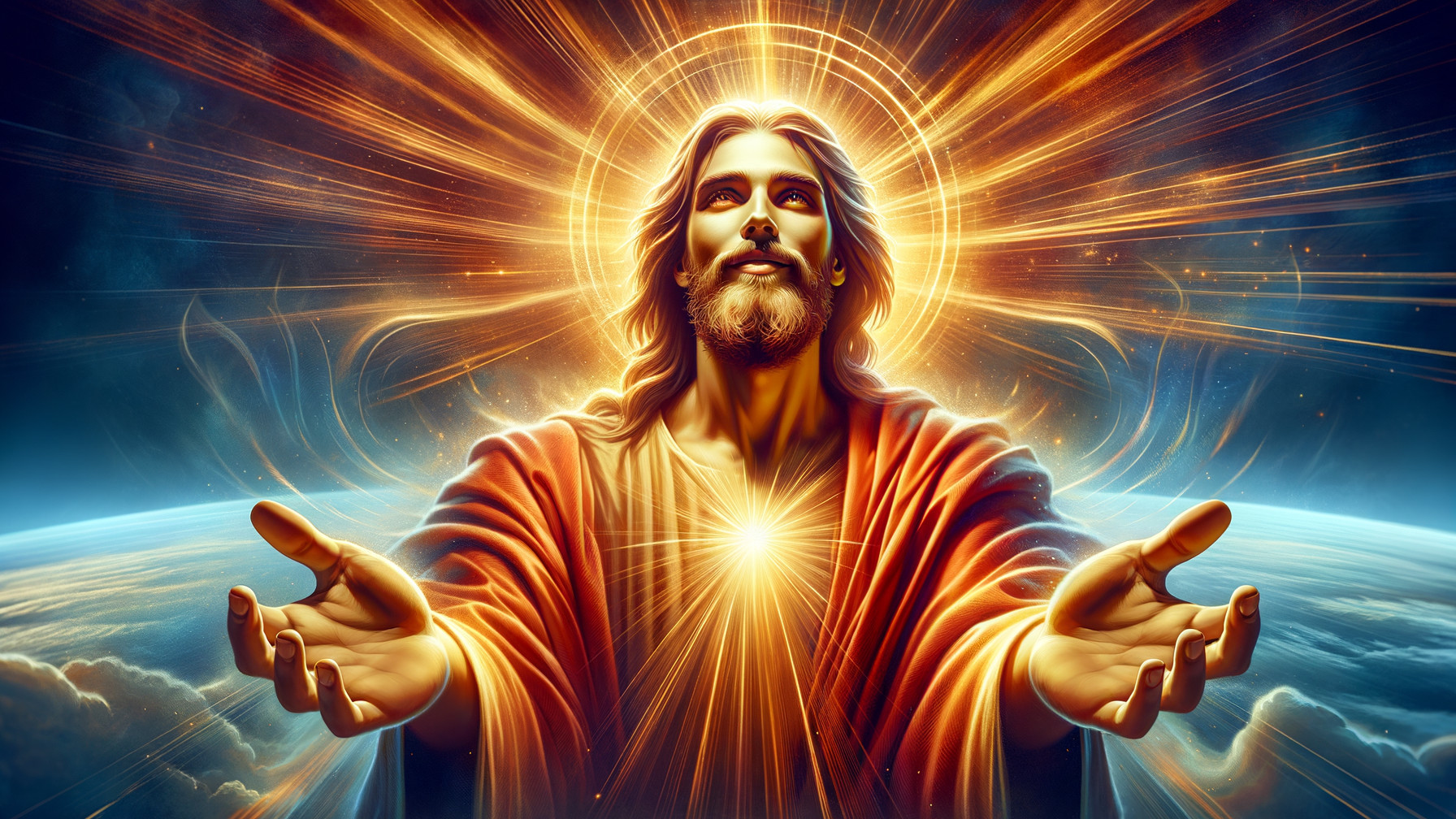 Radiant figure with outstretched arms and golden rays