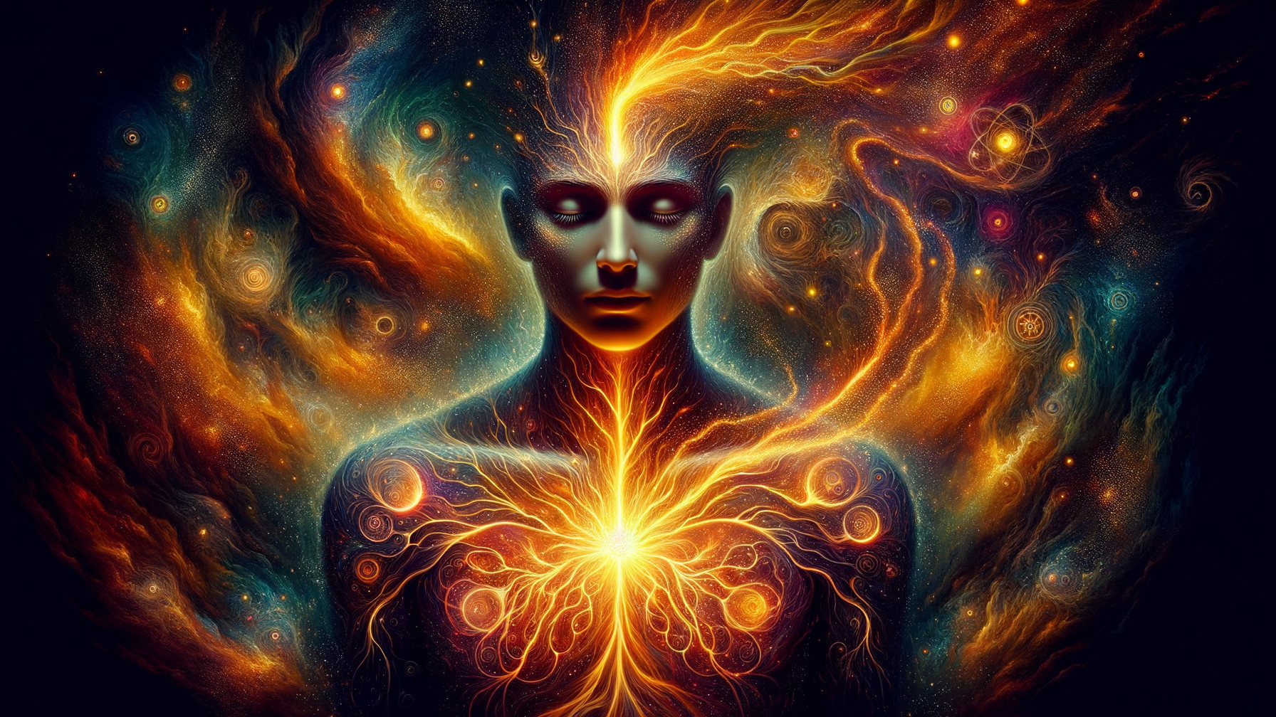 Cosmic Figure Surrounded by Vibrant Energy and Galaxies