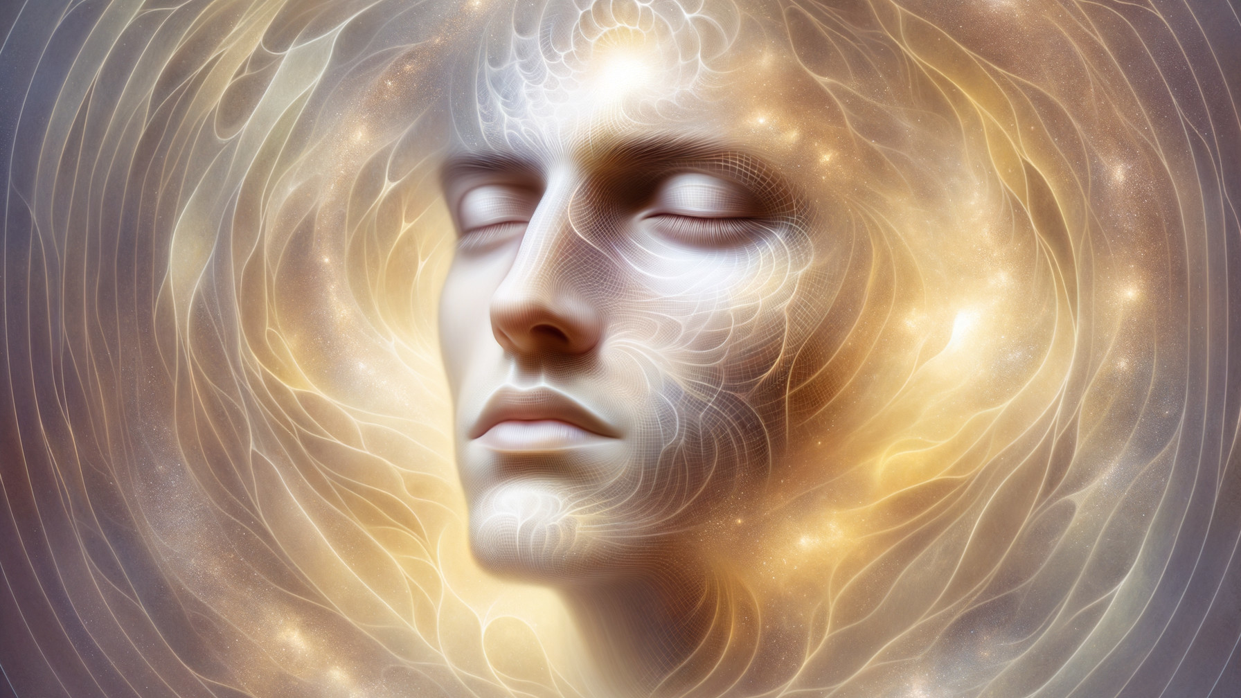Ethereal Face Surrounded by Glowing Cosmic Patterns