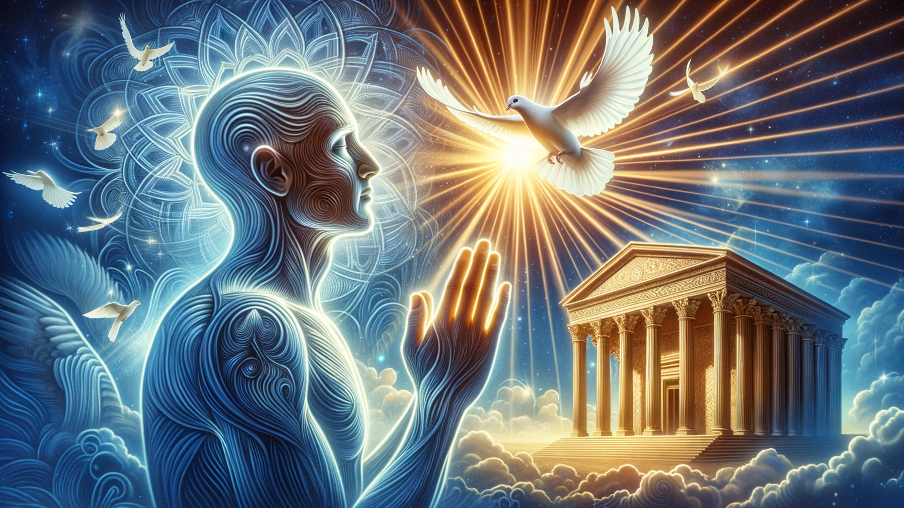 Serene Figure in Prayer with Light and Dove Symbolism