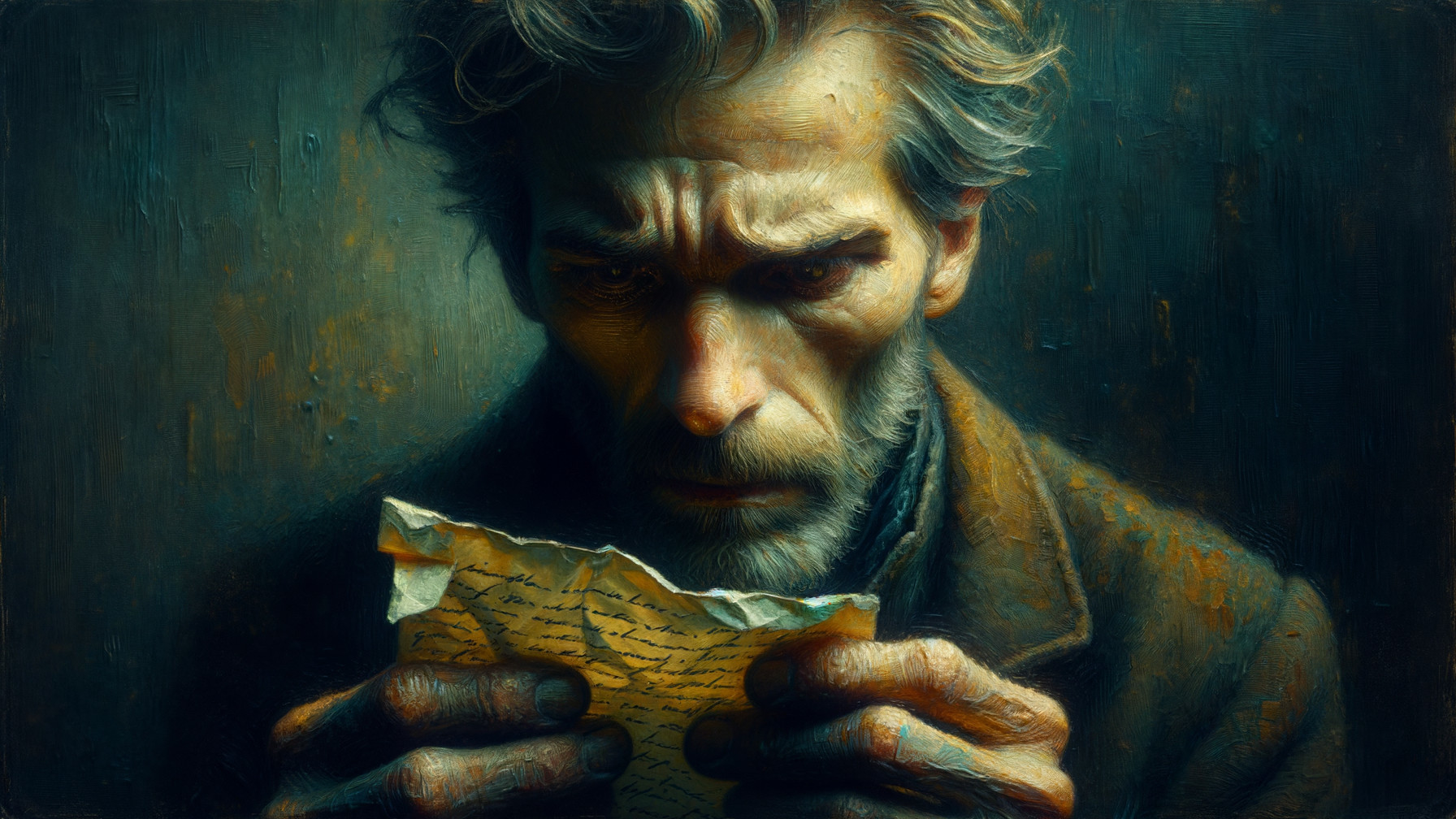 Solemn Man Contemplates Worn Paper in Dim Light