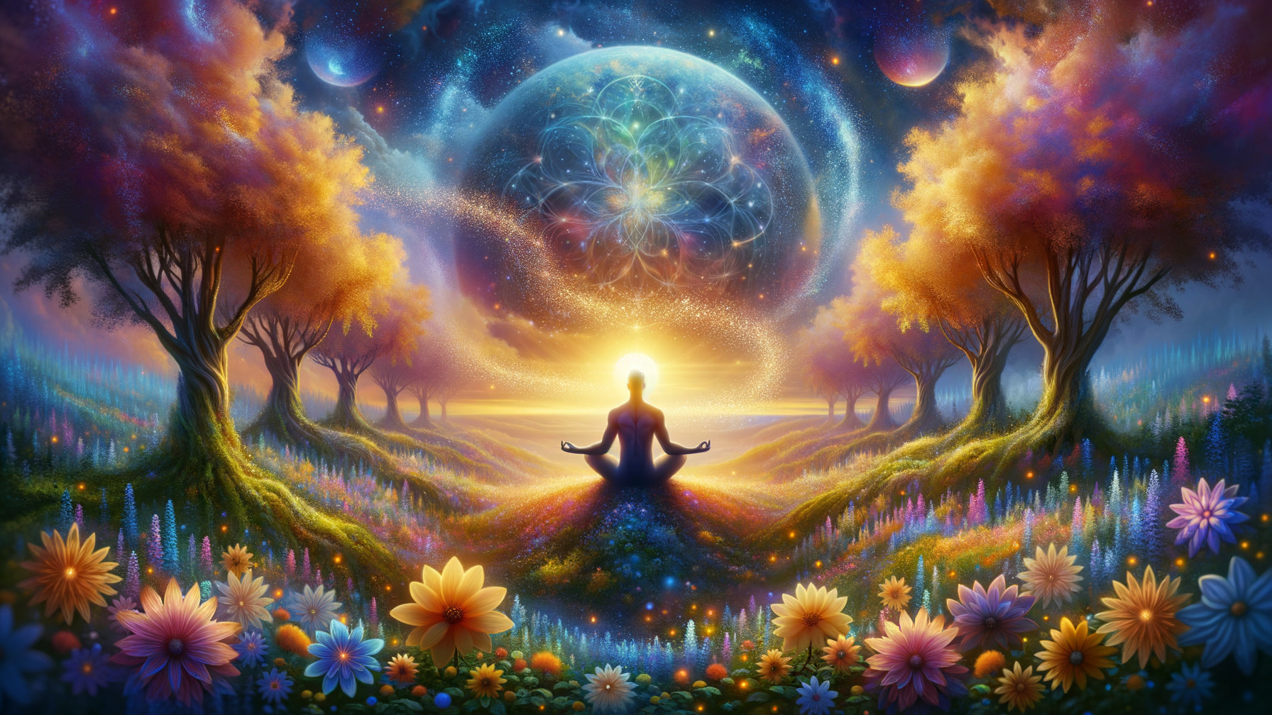 Cosmic Landscape with Meditating Figure and Flowers