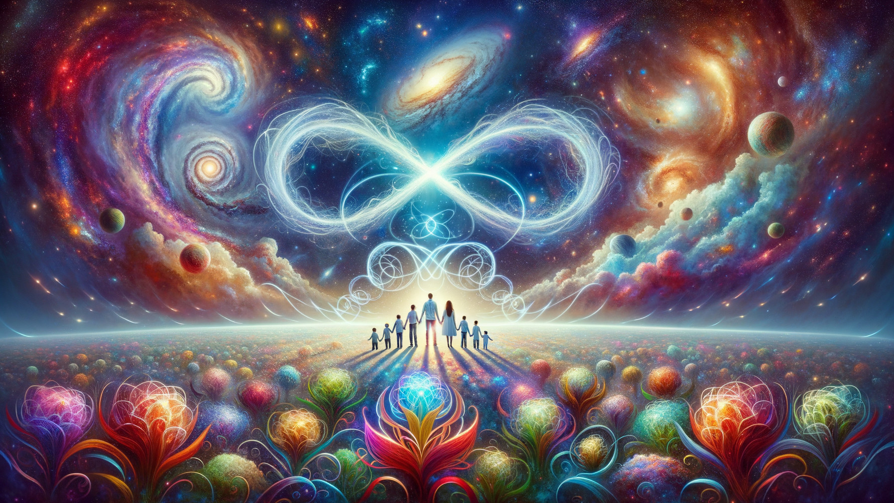 Vibrant Cosmic Scene with Silhouetted Figures and Flowers