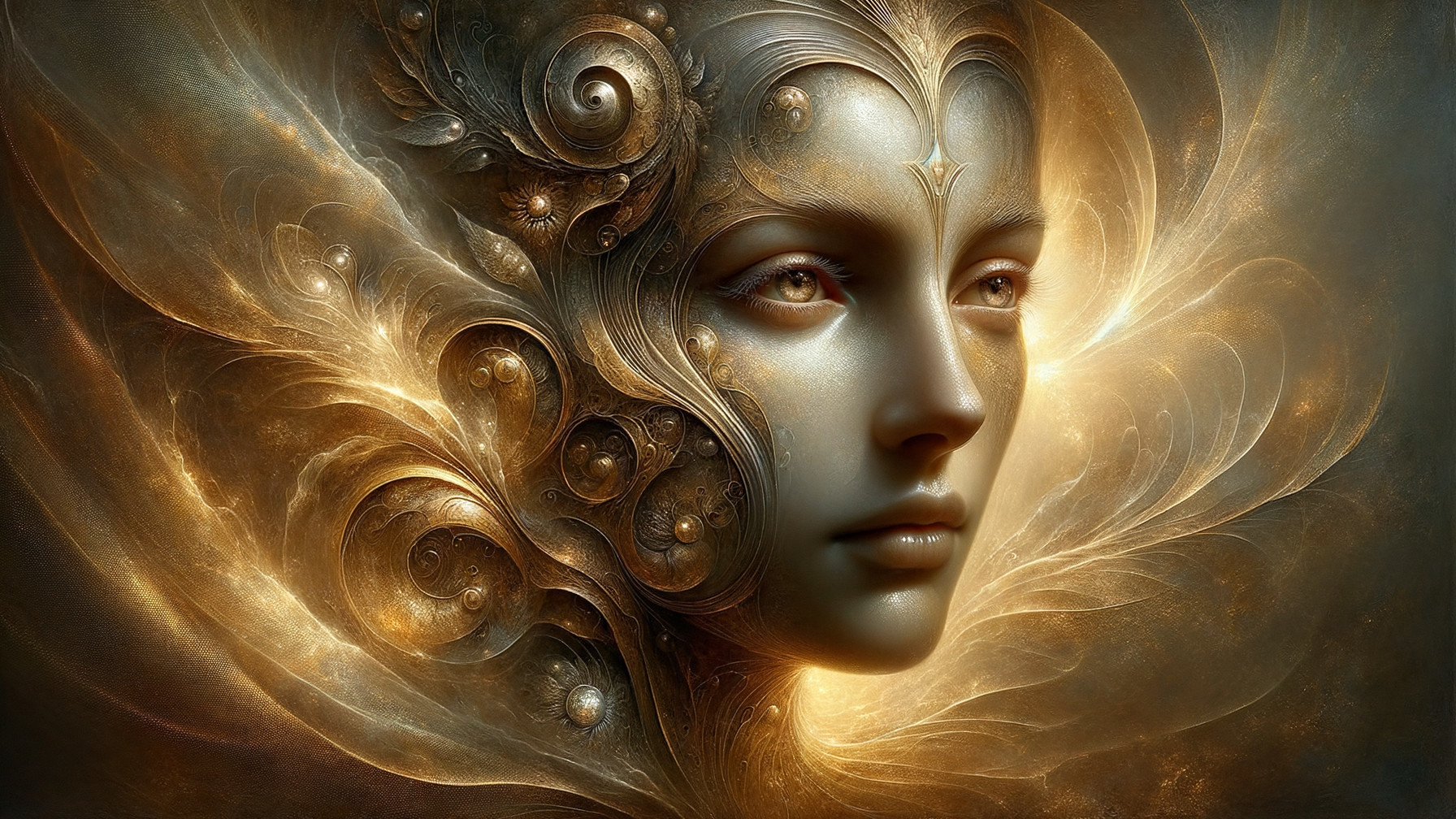 Ethereal Face Surrounded by Golden Light and Patterns