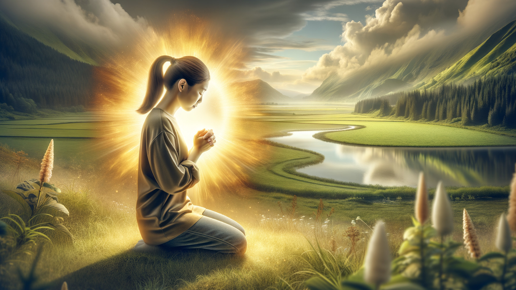 Serene Landscape with Hills, River, and Prayerful Woman