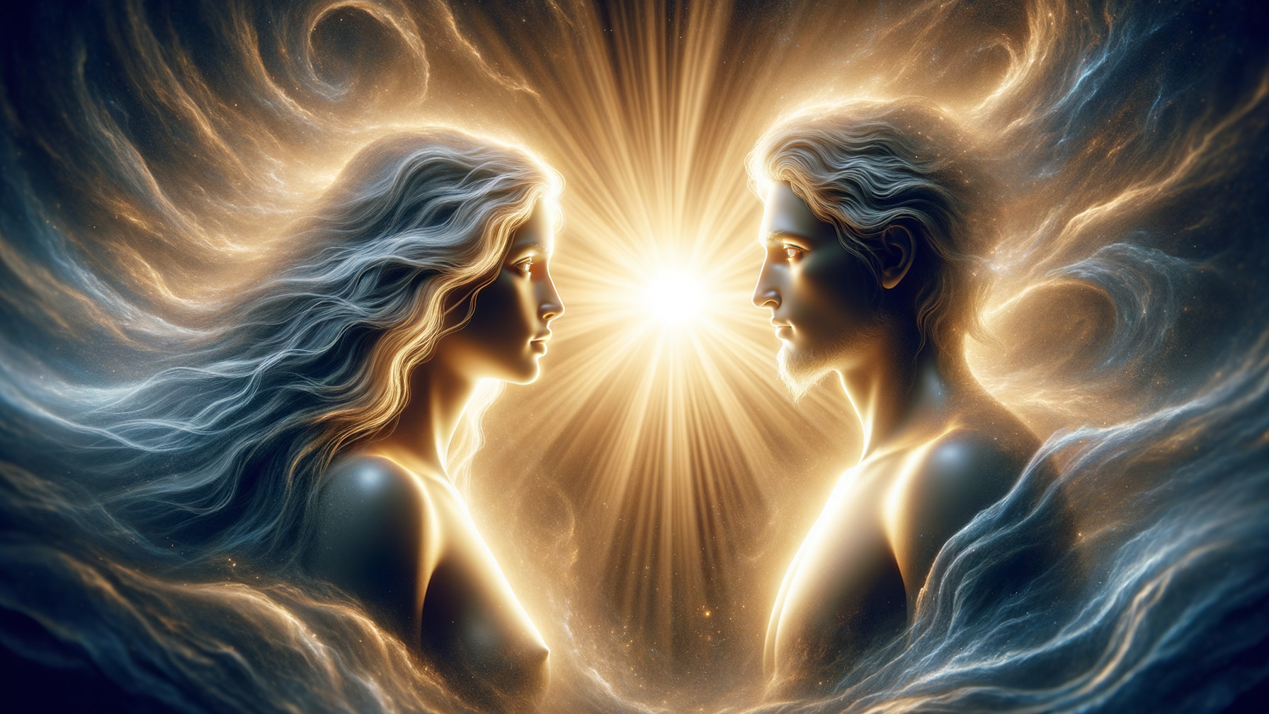 Ethereal Figures in Celestial Connection Scene