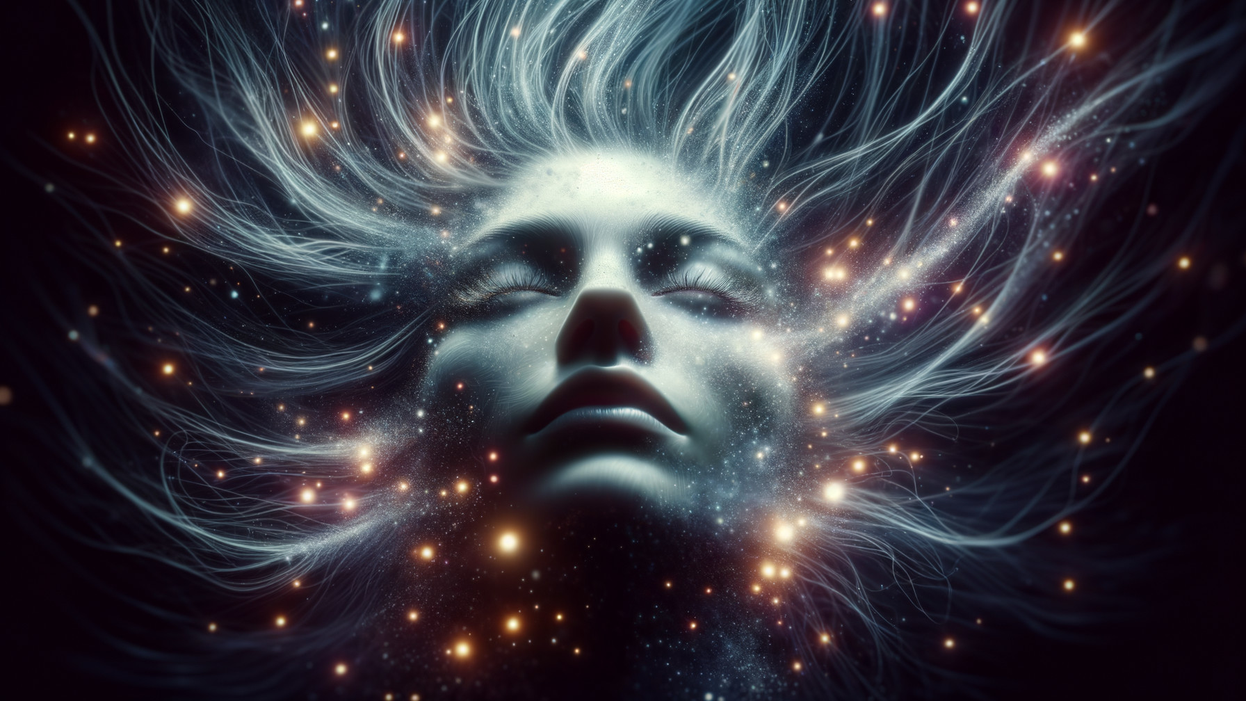 Ethereal Figure with Cosmic Hair in Dark Background