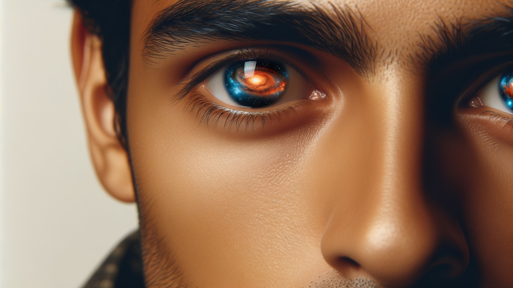 Close-up of a young man's face with cosmic eyes