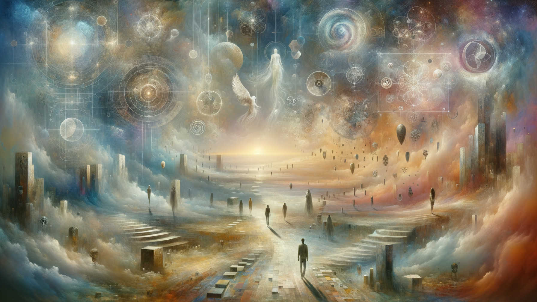 Surreal Landscape with Ethereal Figures and Celestial Objects