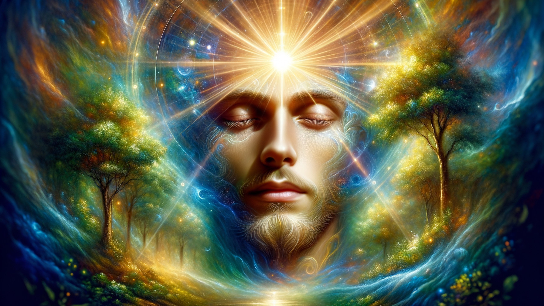 Serene Face in Cosmic Landscape with Spiritual Elements