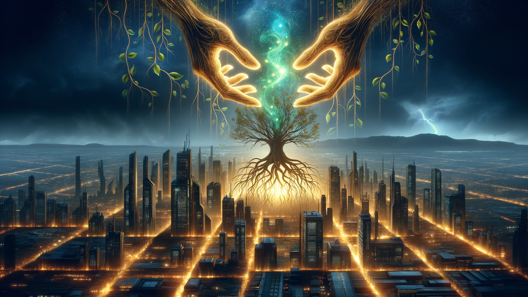 Futuristic cityscape with luminous hands and tree
