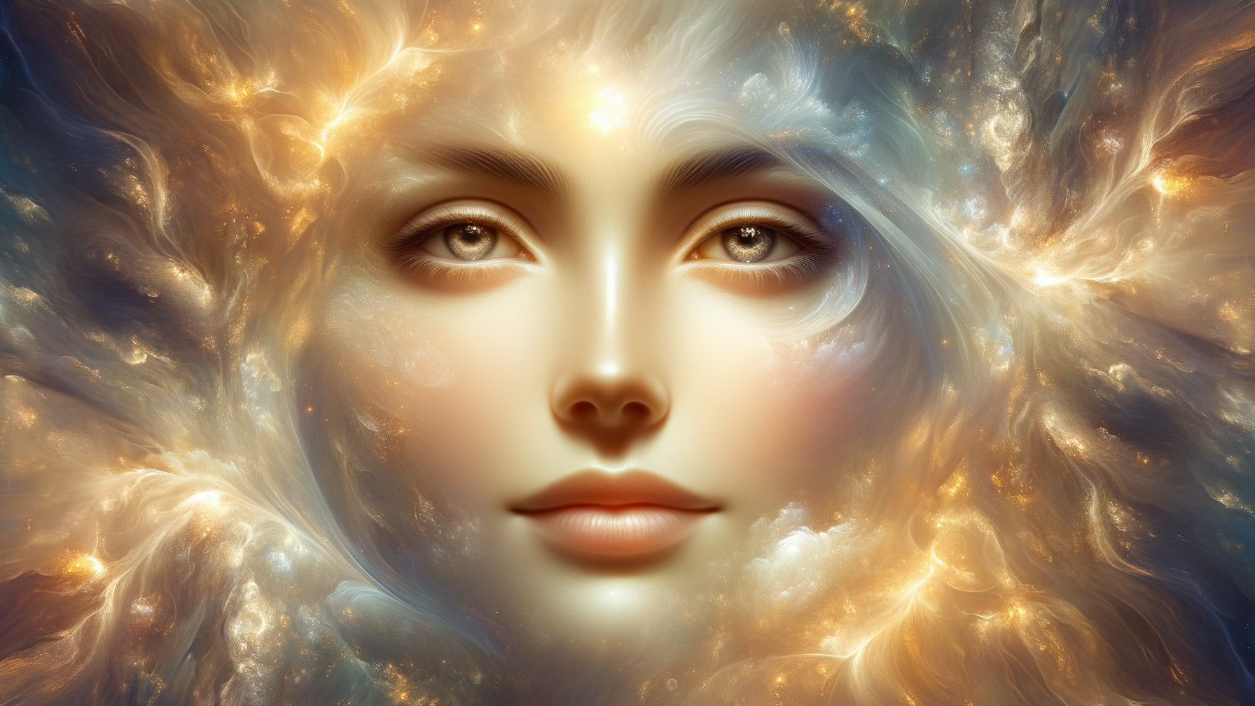 Ethereal face in a cosmic, luminous backdrop