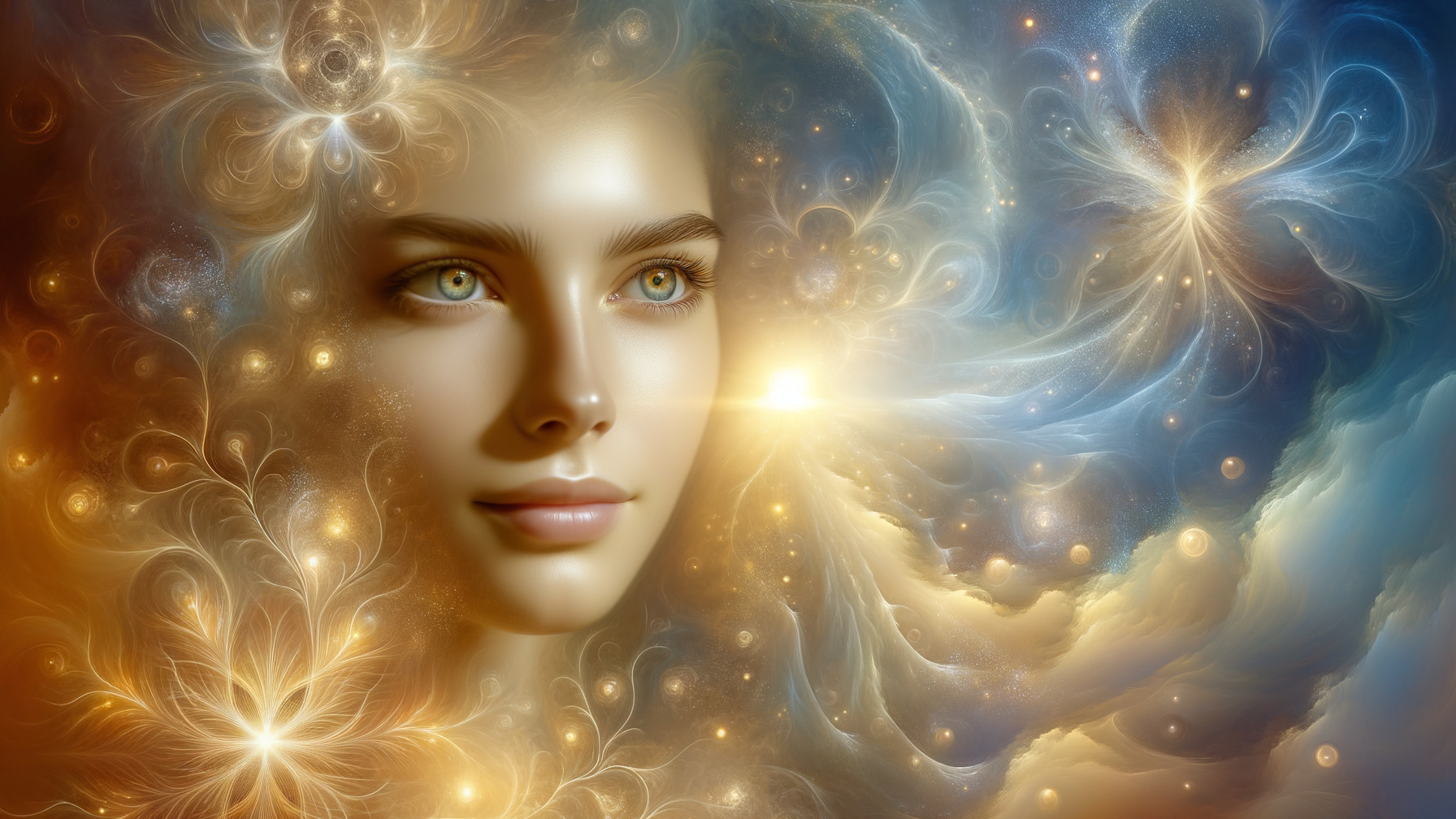 Luminous Face Amid Ethereal Colors and Patterns
