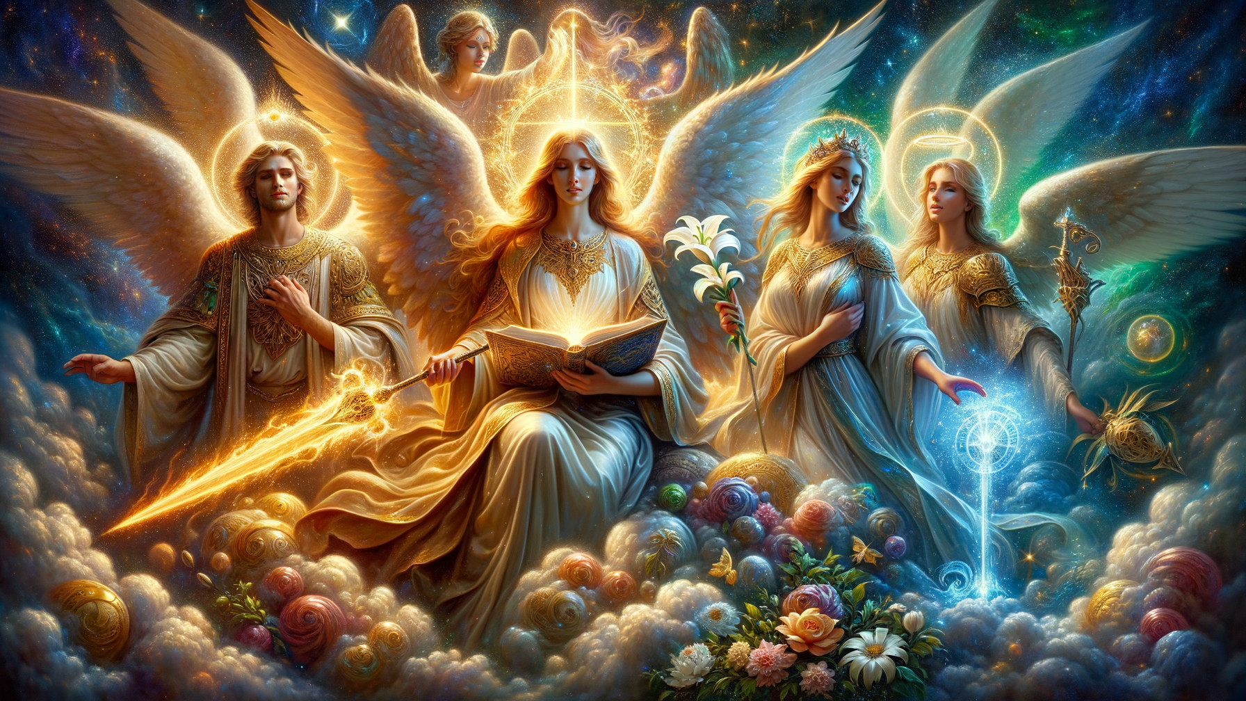 Celestial Scene with Four Majestic Angels and Stars