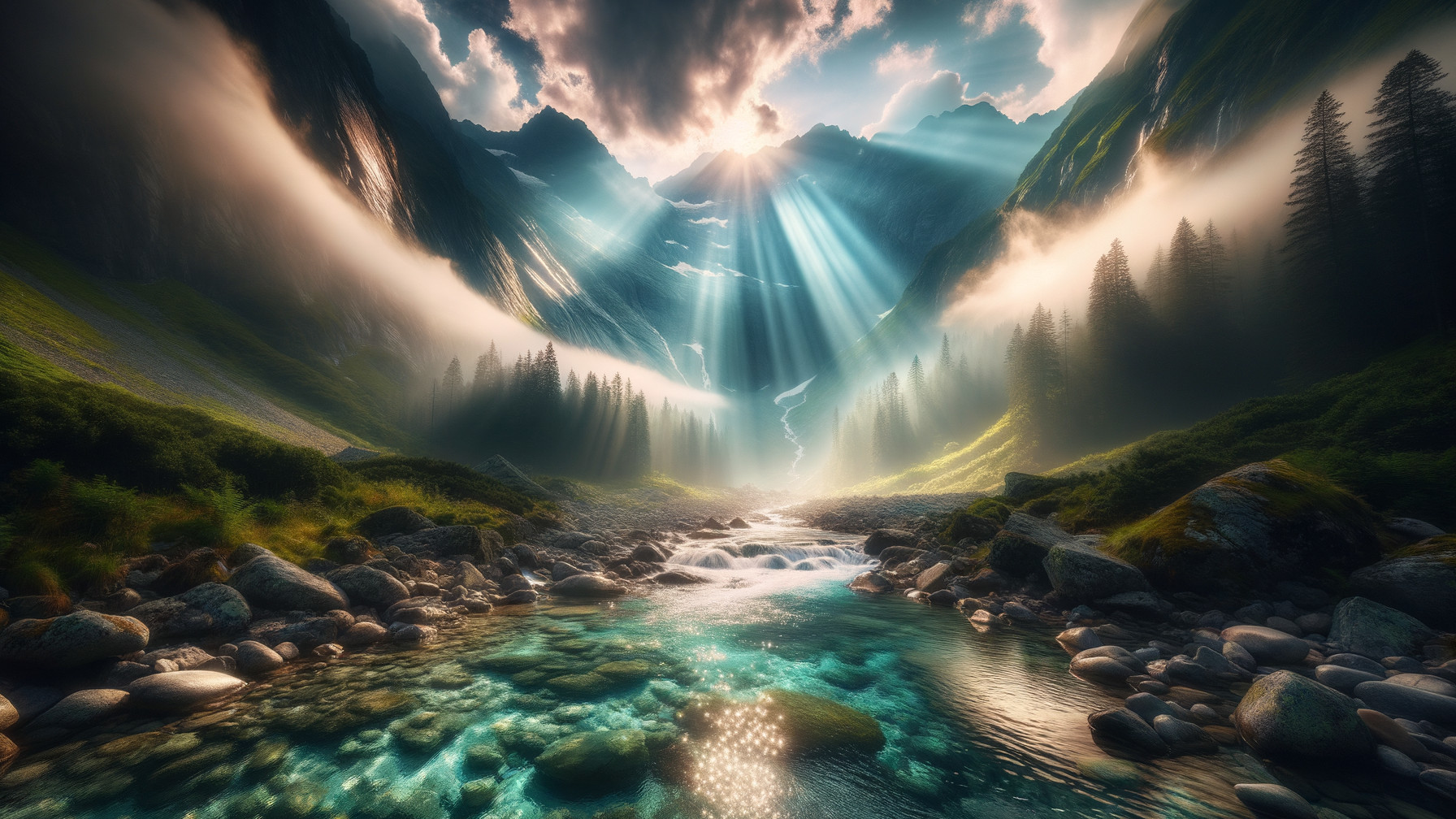 Serene Valley with Turquoise River and Mountains