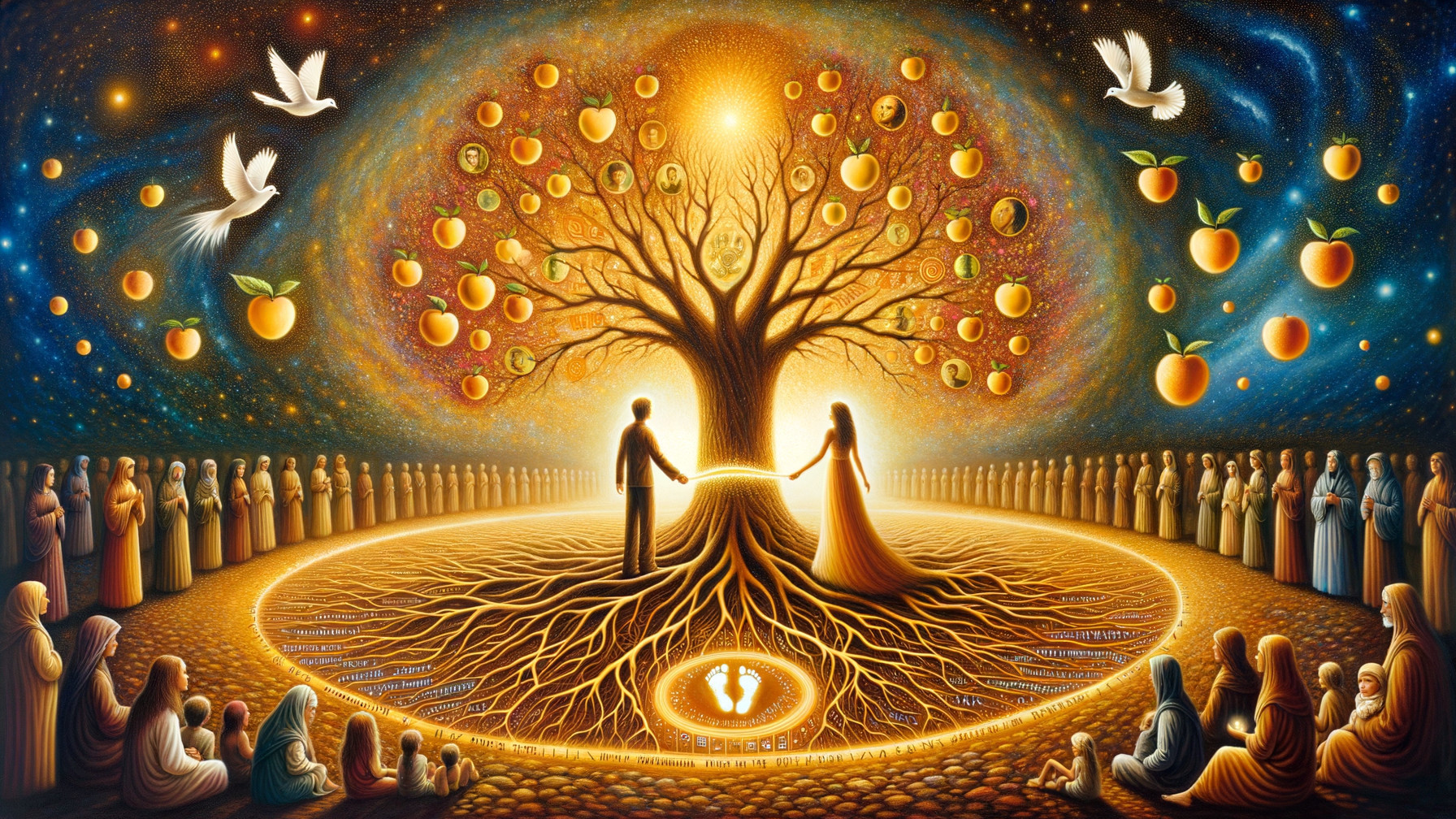 Surreal Scene of a Luminous Tree and Ethereal Figures