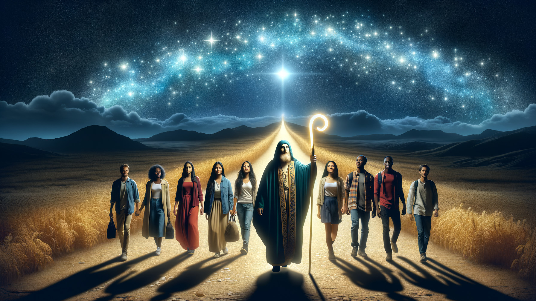 Group of Individuals in Golden Landscape Under Stars